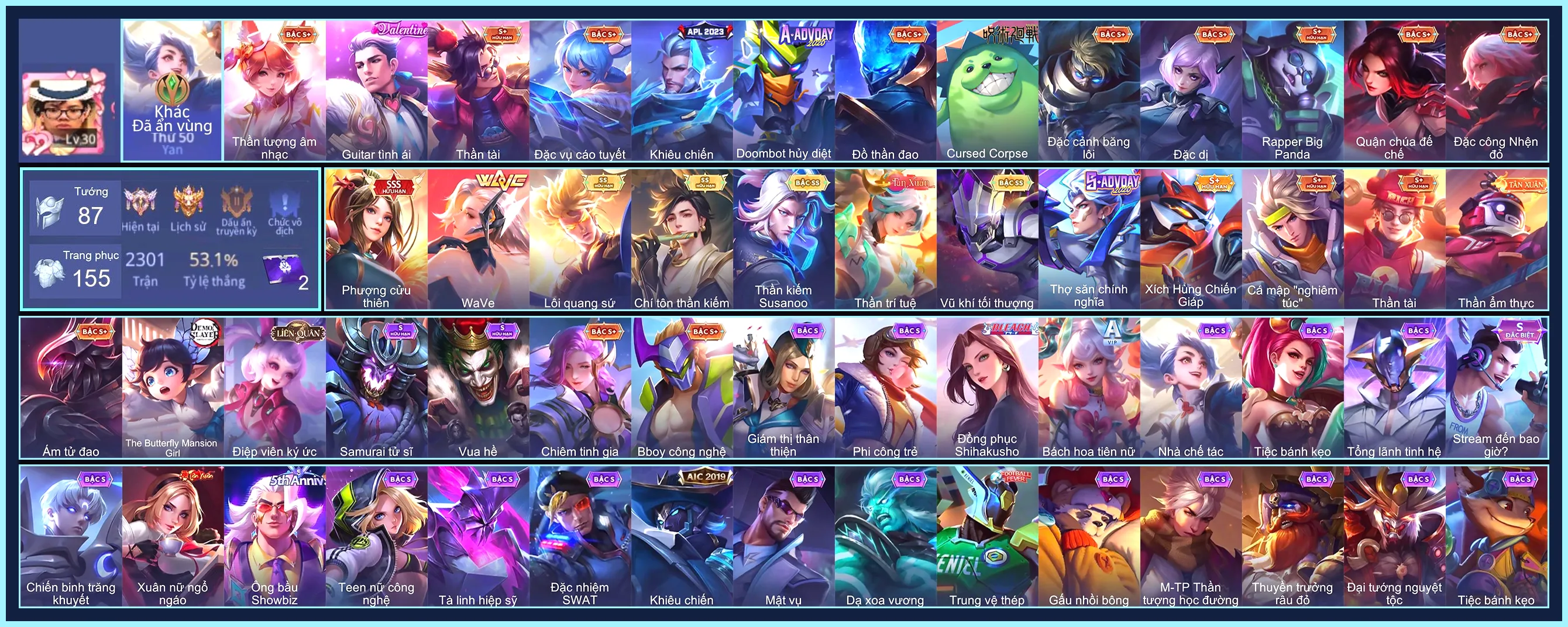 Butterfly Phượng Cửu Thiên, Valhein Vũ khí tối thượng, Nakroth Lôi Quang Sứ, Yena WaVe, Richter Kiếm thần Susanoo, Murad Chí tôn thần kiếm...