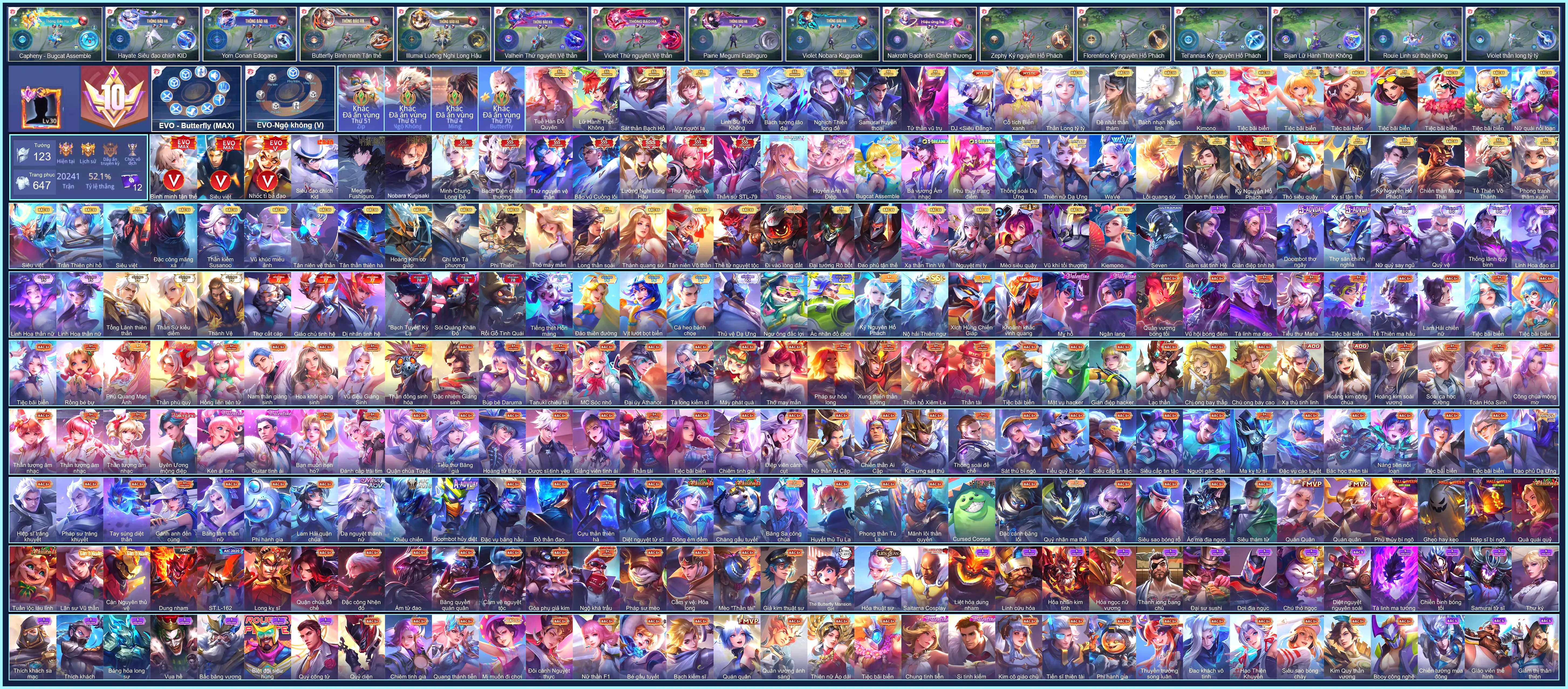 (VIP 10) Khung viền thế giới siêu hiếm, 7 SKIN SSS, Butter Stacia, Hayate Siêu đạo chích Kid, Capheny Bugcat Assemble, Paine Megumi Fushiguro...