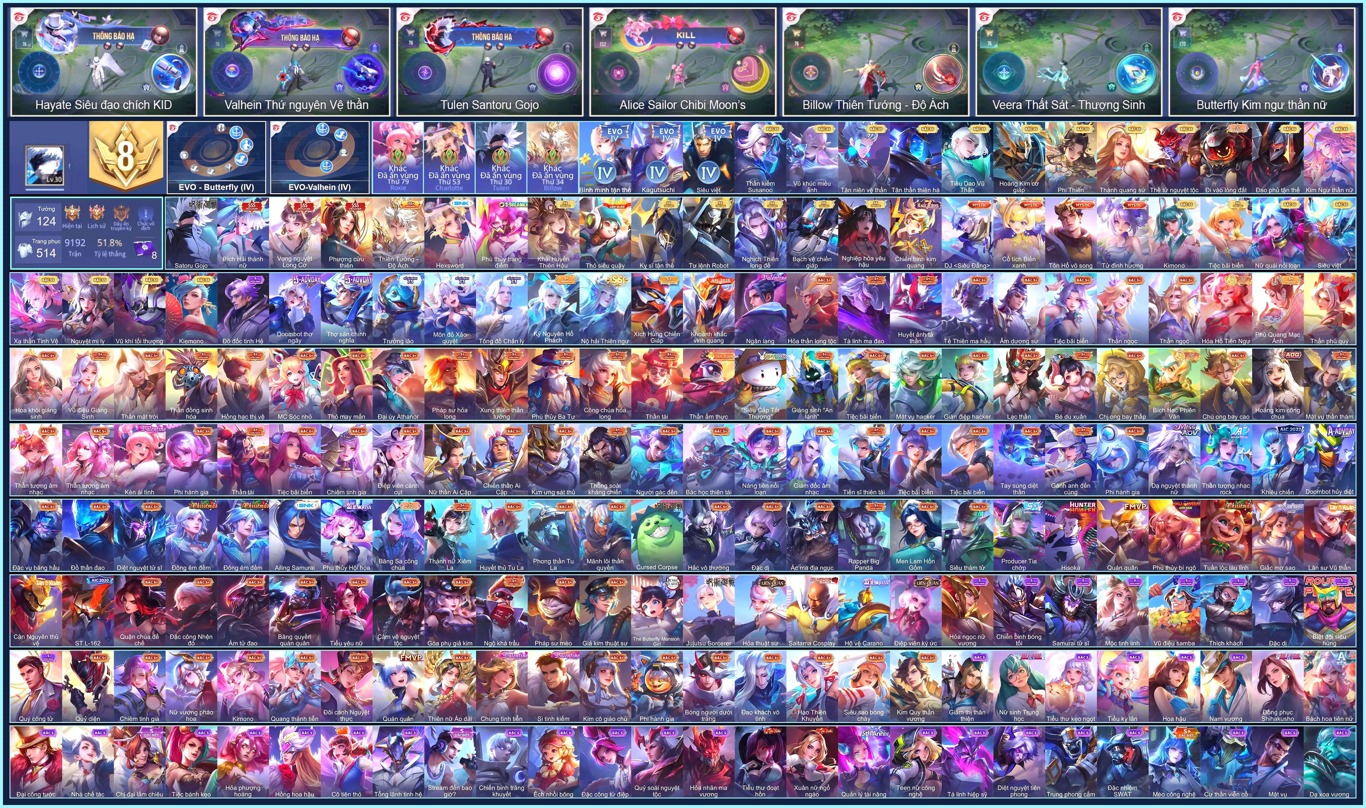 Tulen Satoru Gojo, Charlotte Hexsword, Butterfly Phượng Cửu Thiên, Airi Bích hải thánh nữ, Violet Vọng nguyệt Long Cơ...