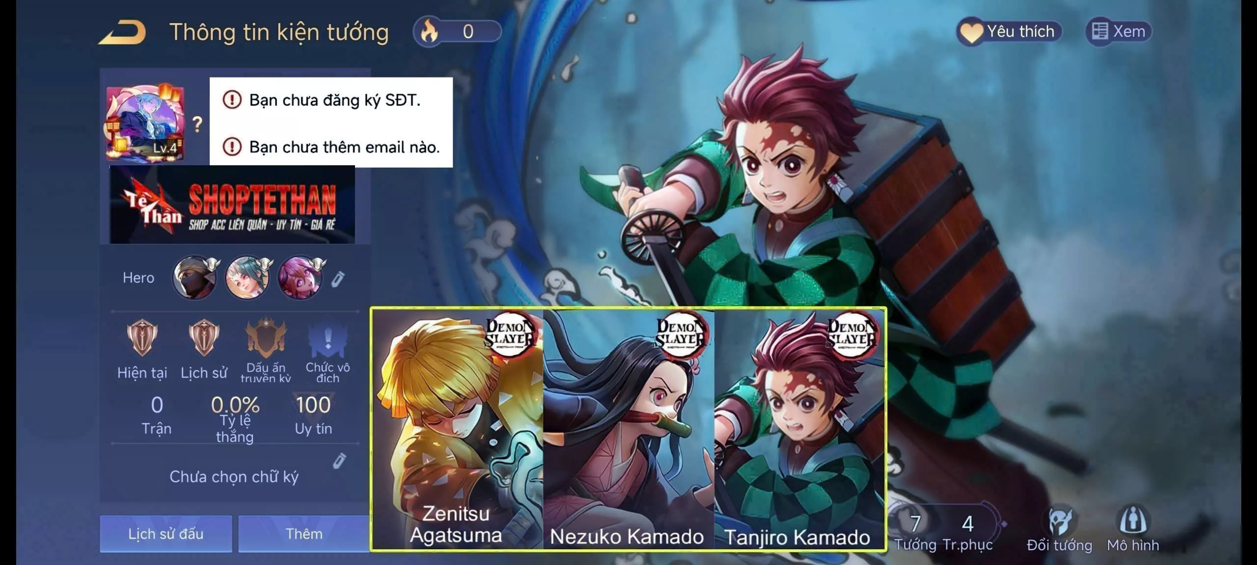 ACC REG: Yan tanjiro kamado + Keera Nezuko kamado + Murad zenitsu Agatsuma, sẵn tướng, trắng thông tin, free đổi tên