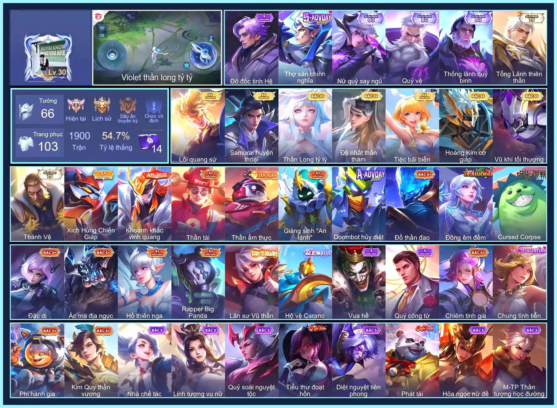Valhein Vũ khí tối thượng, Valhein Đệ nhất thần thám, Nakroth Lôi Quang Sứ, Violet Tiệc bãi biển, Violet Thần long tỷ tỷ, Ryoma Samurai Huyền thoại, Bijan Hoàng kim cơ giáp...MỖI SĐT