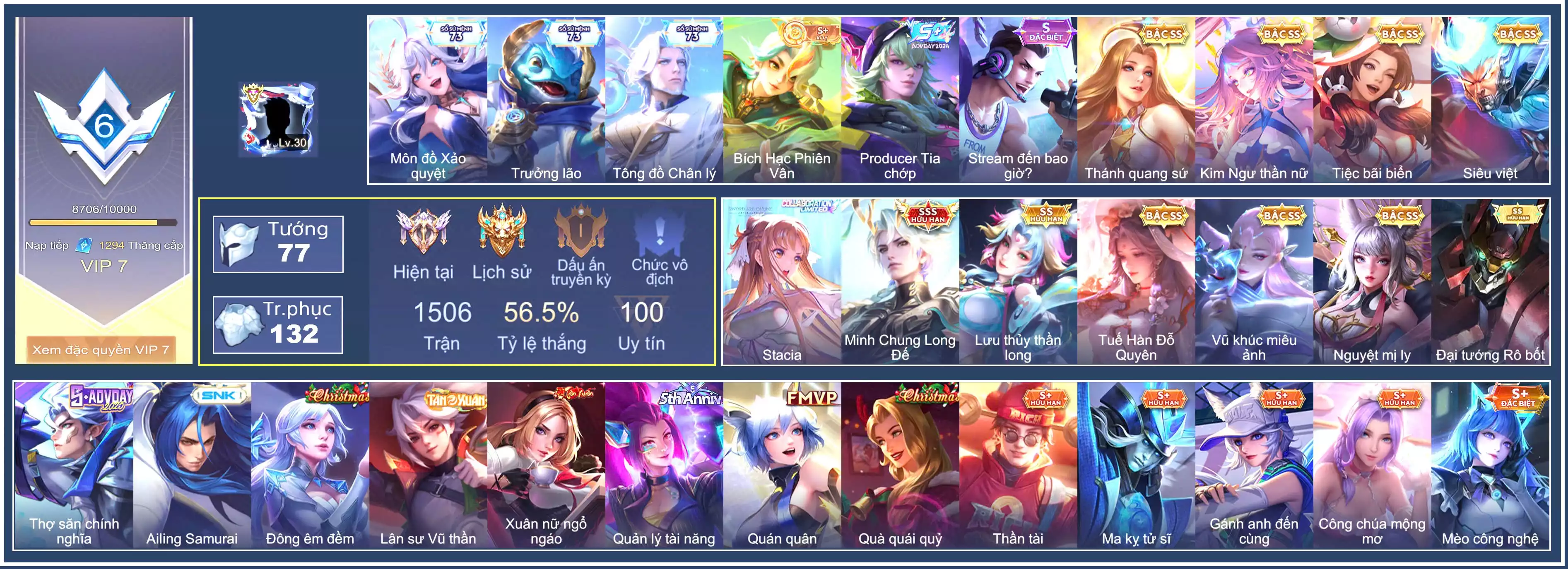 Triệu Vân Minh Chung Long Đế, Butterfly Stacia, Liliana Lưu thuỷ thần Long, Điêu thuyền Tuế Hàn Đỗ Quyên, Lauriel Vũ khúc Miêu ảnh