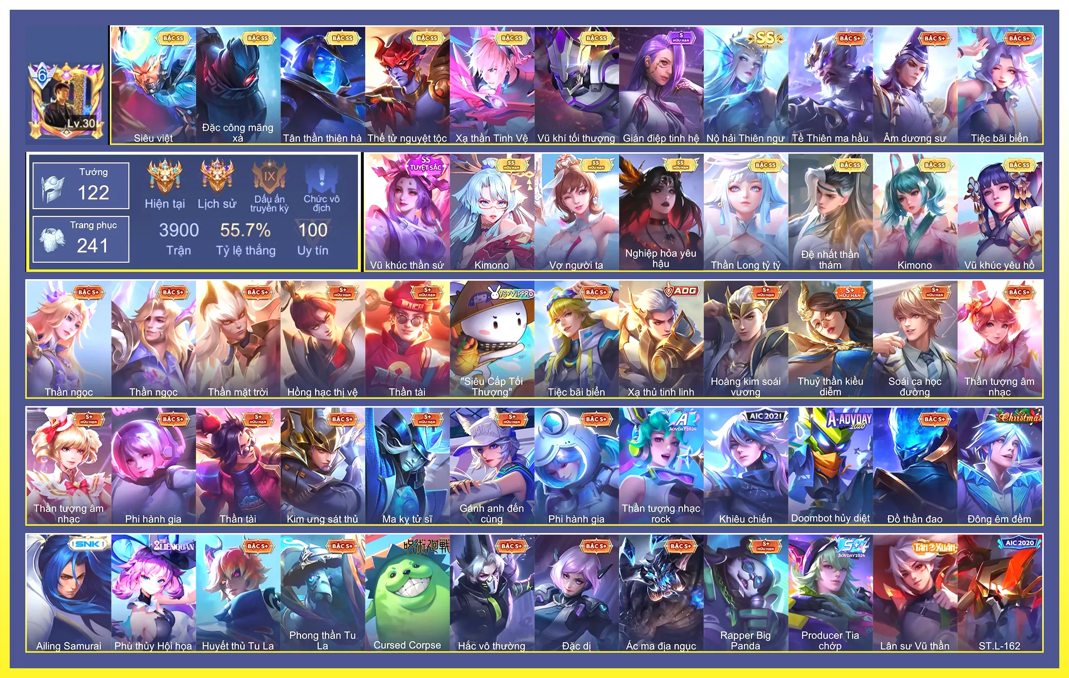 Valhein Vũ khí tối thượng, Valhein Đệ nhất thần thám, Laville Xạ Thần Tinh Vệ, Yorn Thế Tử Nguyệt Tộc, TelAnnas Vũ khúc yêu hồ, Natalya nghiệp hỏa yêu hậu, Tulen Tân Thần Thiên Hà, Quillen Đặc công mãng xà, Ilumia Nộ hải Thiên ngư, Violet Vợ người ta, Violet Thần long tỷ tỷ, Veres Kimono, Arum Vũ khúc thần sứ, Ngộ Không Siêu việt, Capheny Kimono…