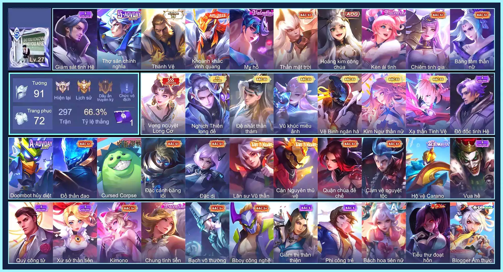 Violet Vọng nguyệt Long Cơ, Valhein Đệ nhất thần thám, Butterfly Kim ngư thần nữ, Quillen Nghịch thiên long đế, Yorn Vệ Binh ngân hà, Laville Xạ Thần Tinh Vệ, Lauriel Vũ khúc miêu ảnh...TRẮNG THÔNG TIN
