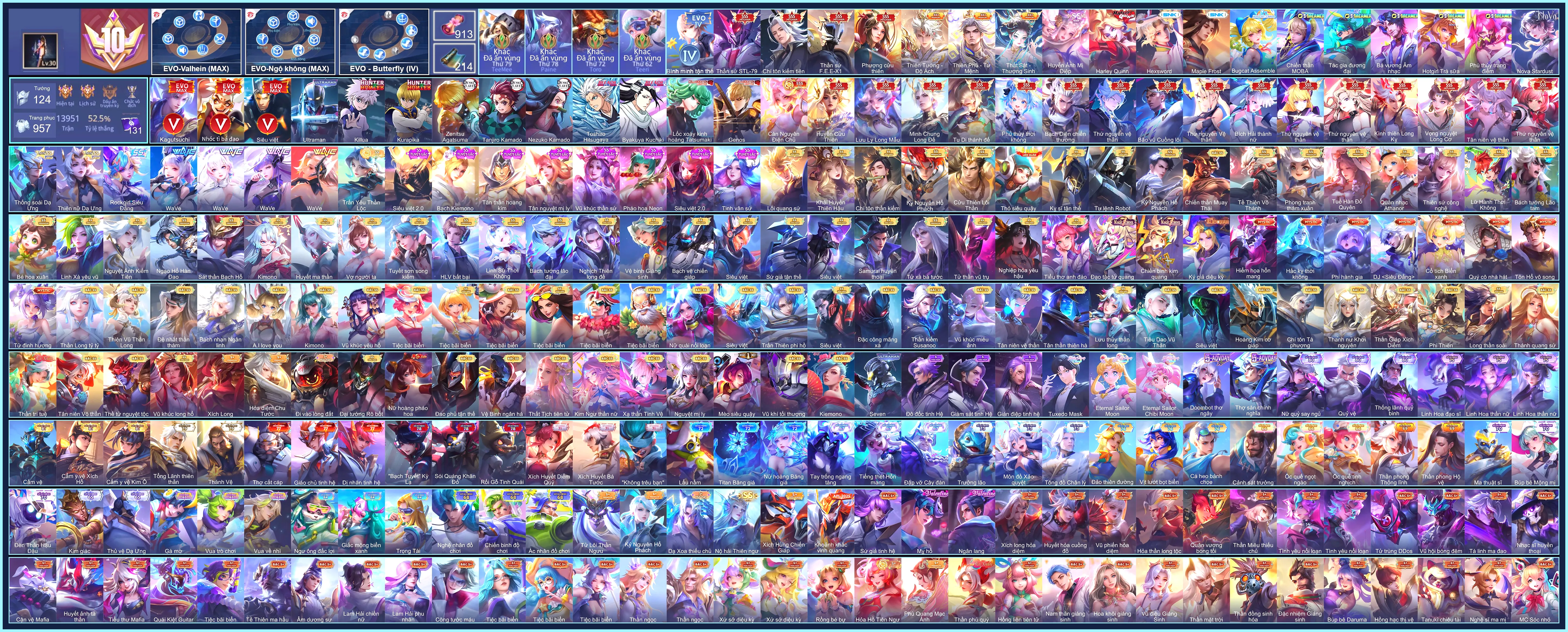 (VIP 10) 21 SKIN SSS, Krixi Lốc Xoáy Kinh Hoàng, Nakroth Killua, Murad Zenitsu Agatsuma, Bright Toshiro Hitsugaya, Yan Tanjiro Kamado...