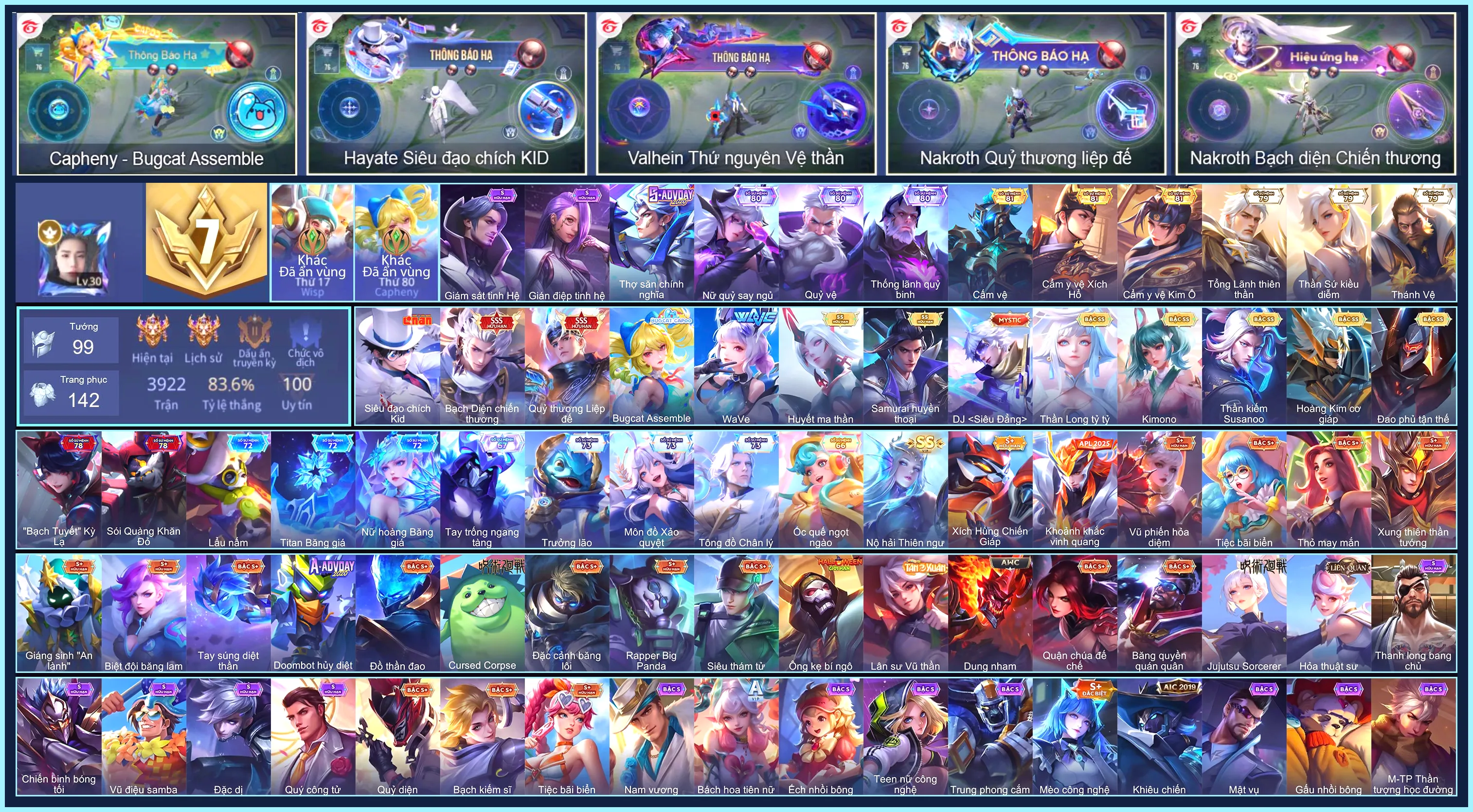 Nakroth Quỷ Thương Liệp Đế, Nakroth Bạch diện chiến thương, Capheny Bugcat Assemble, Hayate Siêu đạo chích Kid... CHỈ CÀI SĐT
