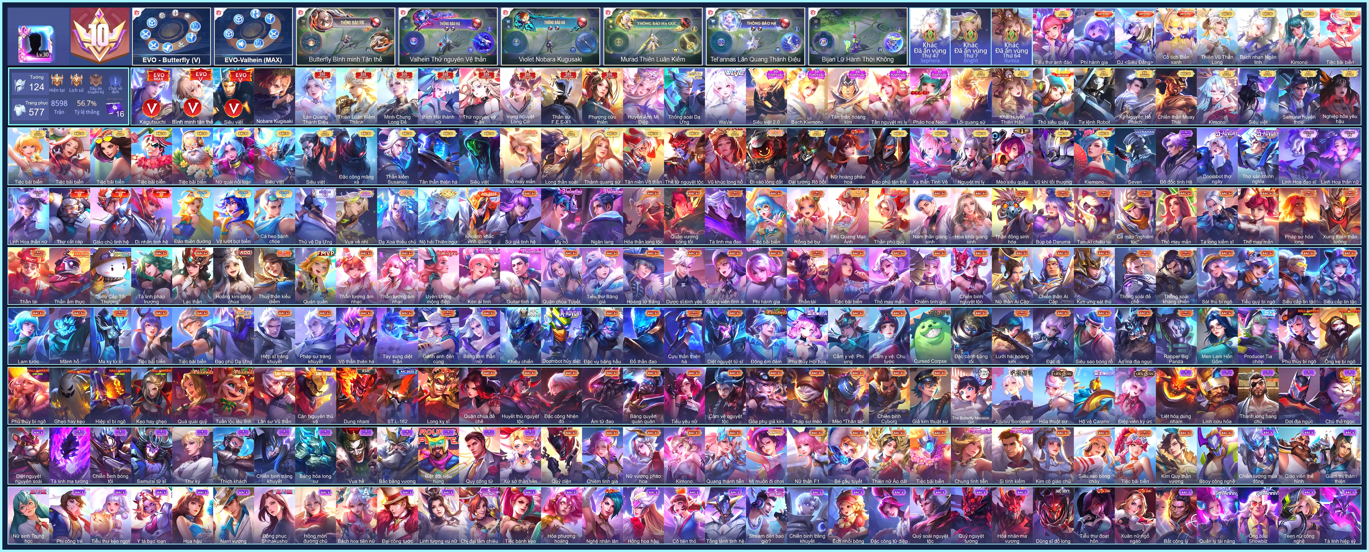 (VIP 10) Triệu Vân Minh Chung Long Đế, Butterfly Phượng Cửu Thiên, TelAnnas Thần sứ F.E.E-X1, Tel Annas Lân Quang Thánh Điệu, Violet Vọng nguyệt Long Cơ, Violet Nobara Kugisaki, Airi Bích hải thánh nữ, Lauriel Thứ nguyên vệ thần, Murad Thiên Luân Kiếm Thánh... ĐỔI ĐƯỢC CCCD