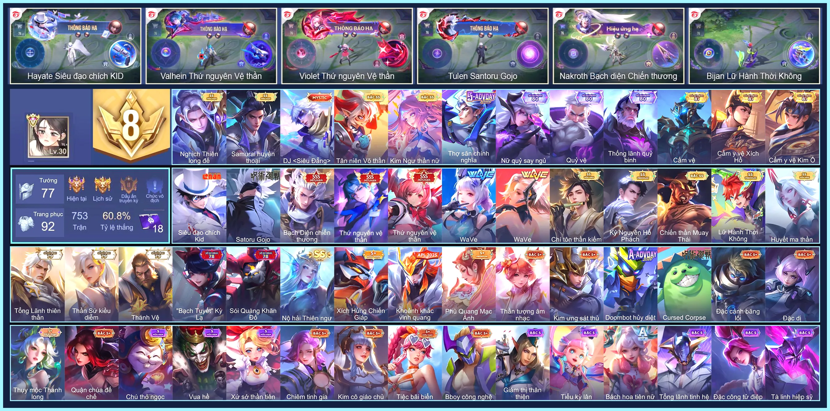 Ảnh MÁC CHIẾN THẦN, Valhein Thứ Nguyên Vệ Thần, Violet Thứ nguyên vệ thần, Nakroth Bạch diện chiến thương, Hayate Siêu đạo chích Kid, Tulen Satoru Gojo... CHƯA CÀI CCCD