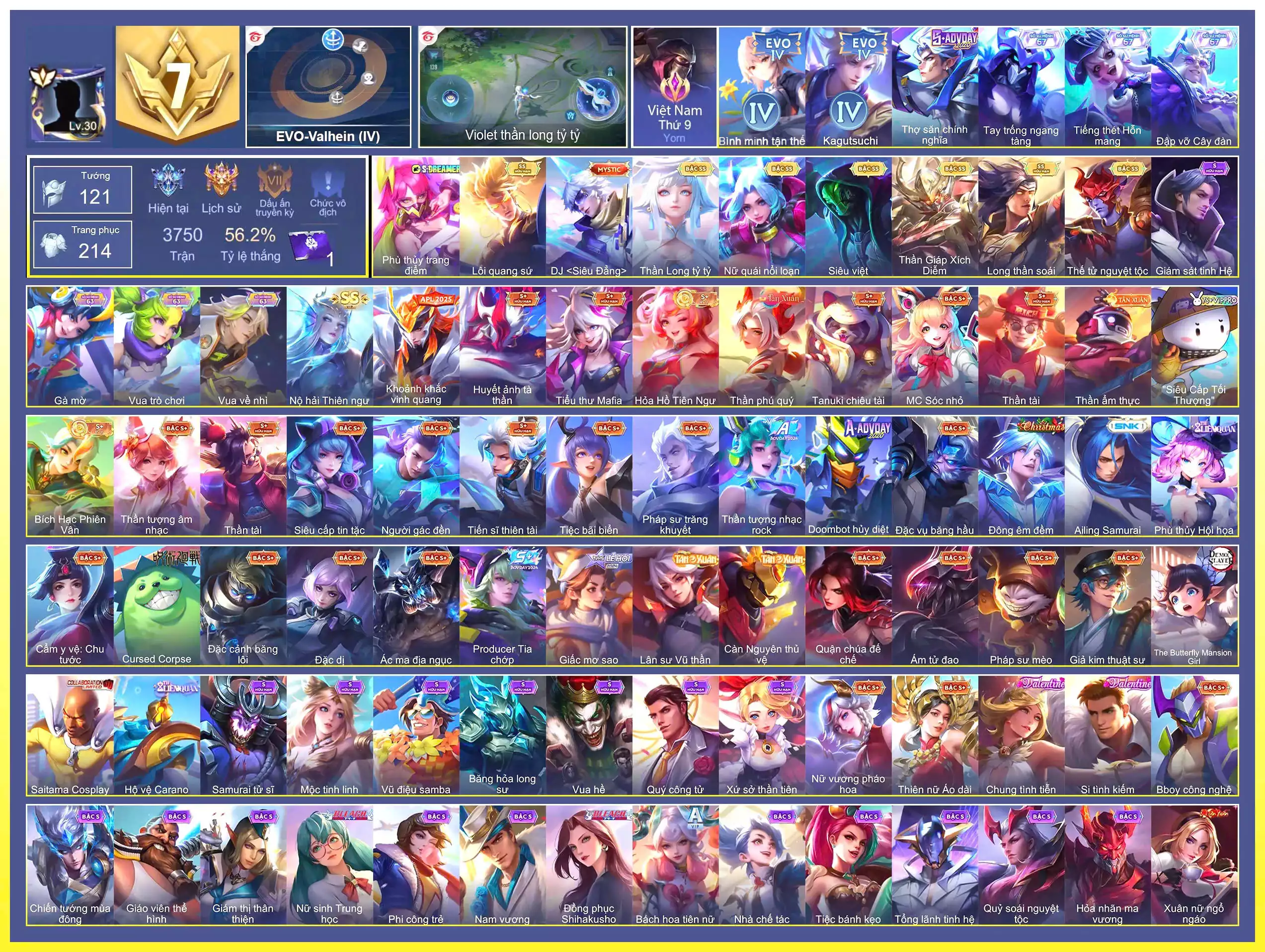 Ảnh BUT EVO4, VAL EVO4, Violet Thần long tỷ tỷ, Butterfly Nữ Quái Nổi Loạn, Ngộ Không Thần Giáp Xích Diễm, Yorn Thế Tử Nguyệt Tộc, Yorn Long thần soái, Nakroth Lôi Quang Sứ, Raz Siêu việt, Ilumia Nộ hải Thiên ngư...