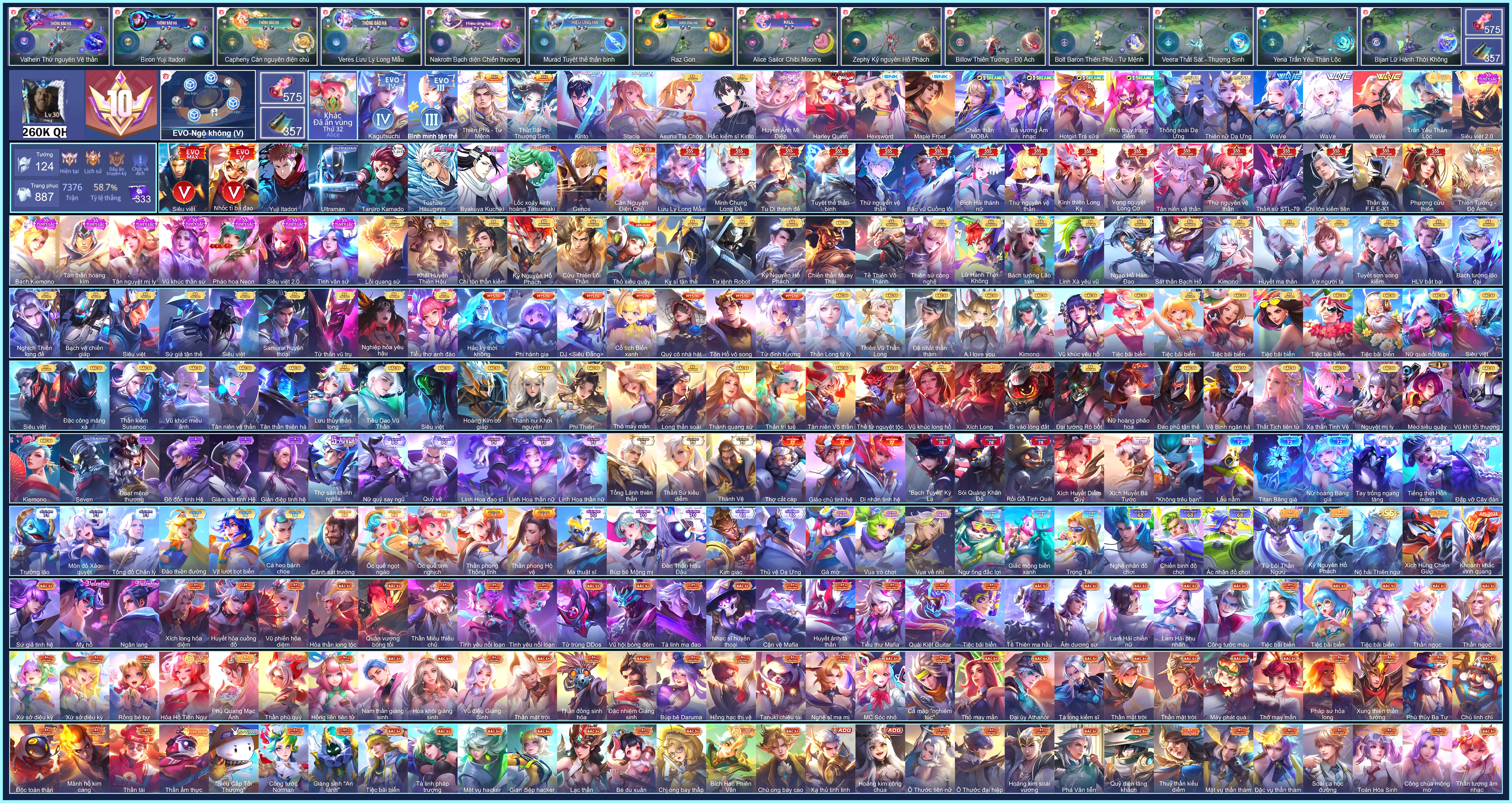 Ảnh (VIP 10) 17 SKIN SSS, Ryoma Maple Frost, Krixi Lốc Xoáy Kinh Hoàng, Butterfly Asuna Tia chớp, Butterfly Stacia, Murad Byakuya Kuchiki, Errol Genos, Allain Kirito Hắc kiếm sĩ, Allain Kirito, Bright Toshiro Hitsugaya, Yan Tanjiro Kamado, Biron Yuji Itadori... CHƯA CÀI CCCD