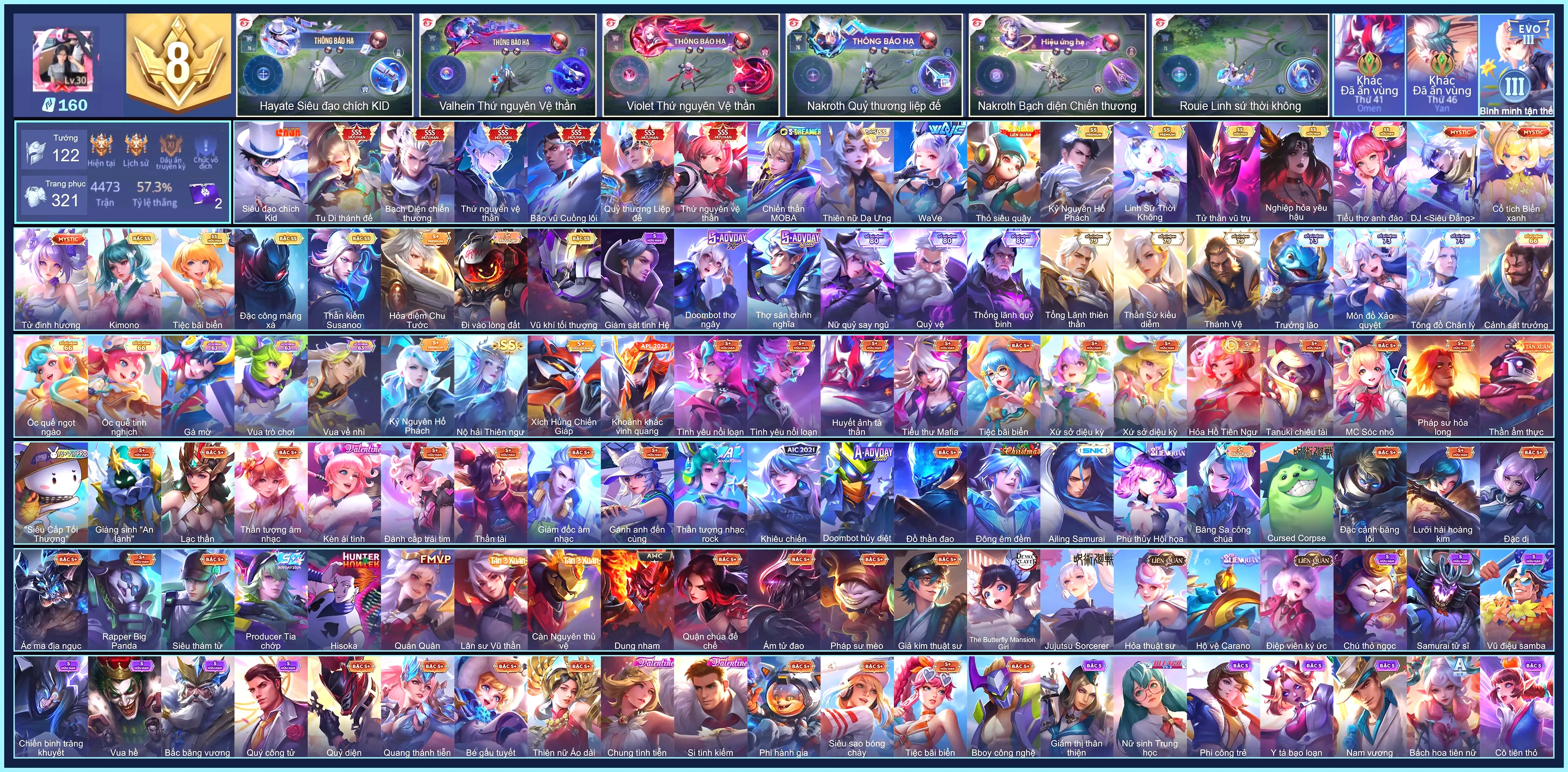 Violet Thứ nguyên vệ thần, Raz Bão vũ Cuồng lôi, Nakroth thứ nguyên vệ thần, Nakroth Quỷ Thương Liệp Đế, Nakroth Bạch diện chiến thương, Hayate Tu Di Thánh Đế, Hayate Siêu đạo chích Kid... CHỈ CÀI SDT