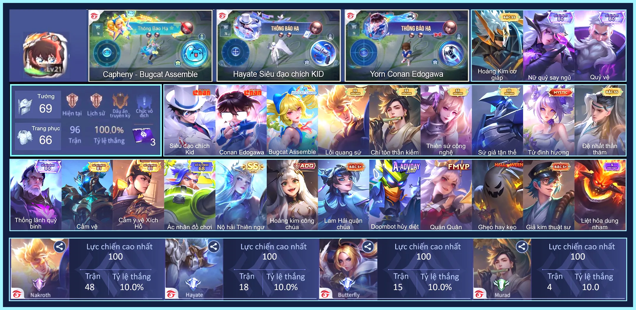 Hayate Siêu đạo chích Kid, Yorn Conan Edogawa, Valhein Đệ nhất thần thám, Nakroth Lôi Quang Sứ, Elsu Sứ giả tận thế, Ilumia Nộ hải Thiên ngư, Bijan Hoàng kim cơ giáp, Murad Chí tôn thần kiếm, Lauriel thiên sứ công nghệ... CHỈ CÀI SDT