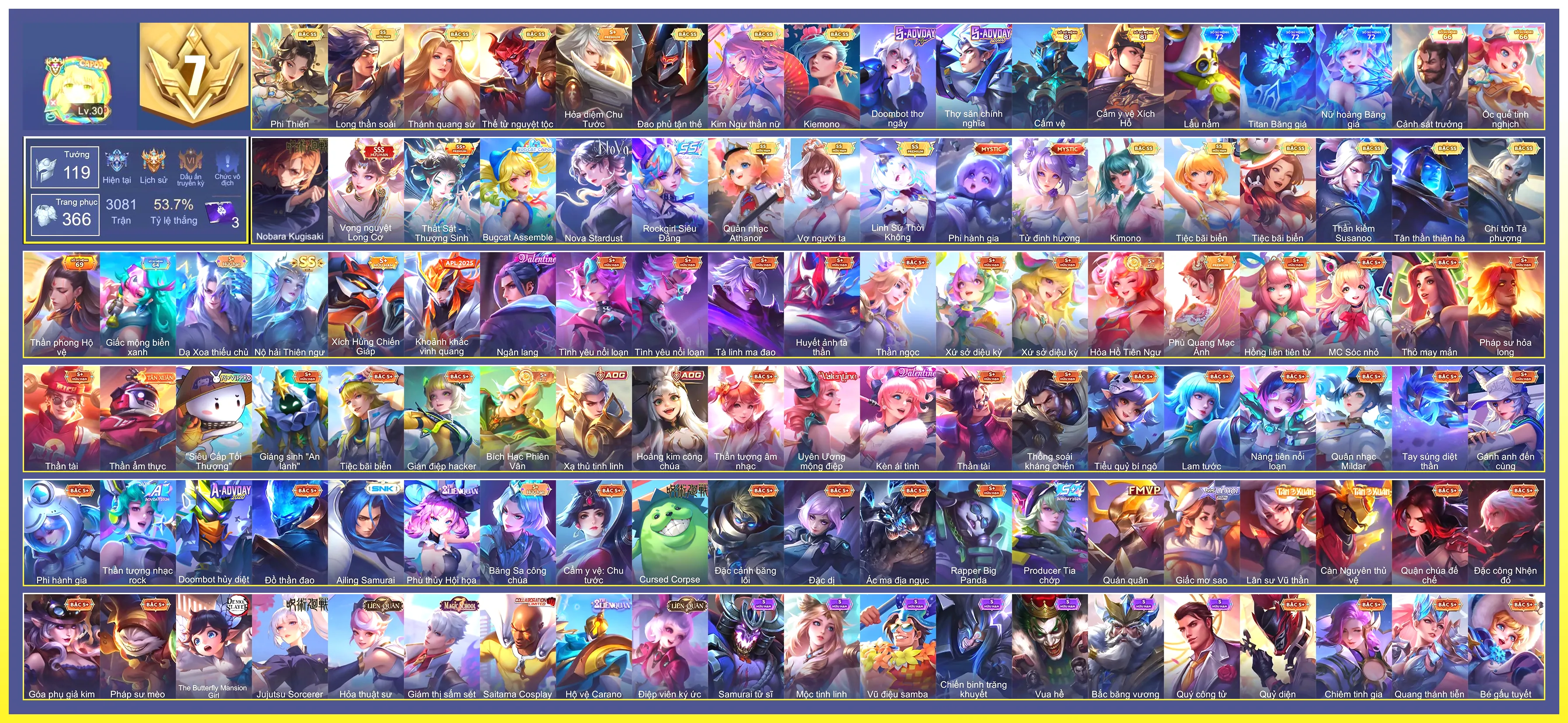 Ảnh Violet Tiệc bãi biển, Violet Vợ người ta, Butterfly Kim ngư thần nữ, Yorn Thế Tử Nguyệt Tộc, Yorn Long thần soái, Veera Thất Sát - Thượng Sinh, Tulen Tân Thần Thiên Hà, Alice Quân nhạc Athanor, Lauriel Thánh quang sứ, Lauriel Phi thiên, Airi Kiemono, Omen Đao phủ tận thế, Zata Chí tôn Tà Phượng, Ilumia Nộ hải Thiên ngư, Rouie Linh Sứ Thời Không, Điêu Thuyền Tiệc bãi biển, Capheny Kimono, Richter Kiếm thần Susanoo…