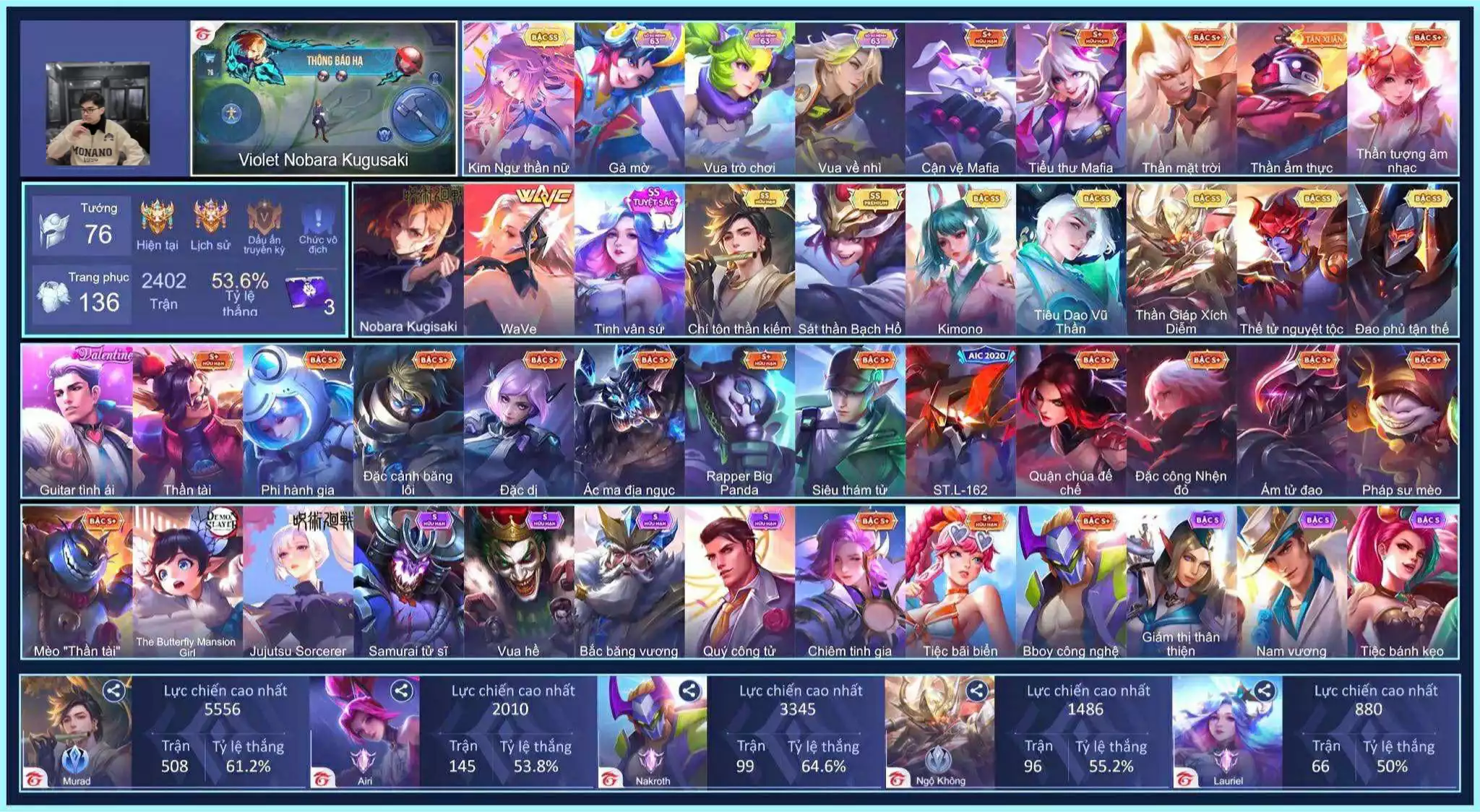 Violet Nobara Kugisaki,Ngộ Không Thần Giáp Xích Diễm, Murad Chí tôn thần kiếm, Tulen Tiêu Dao Vũ Thần, Enzo Sát thần Bạch Hổ,