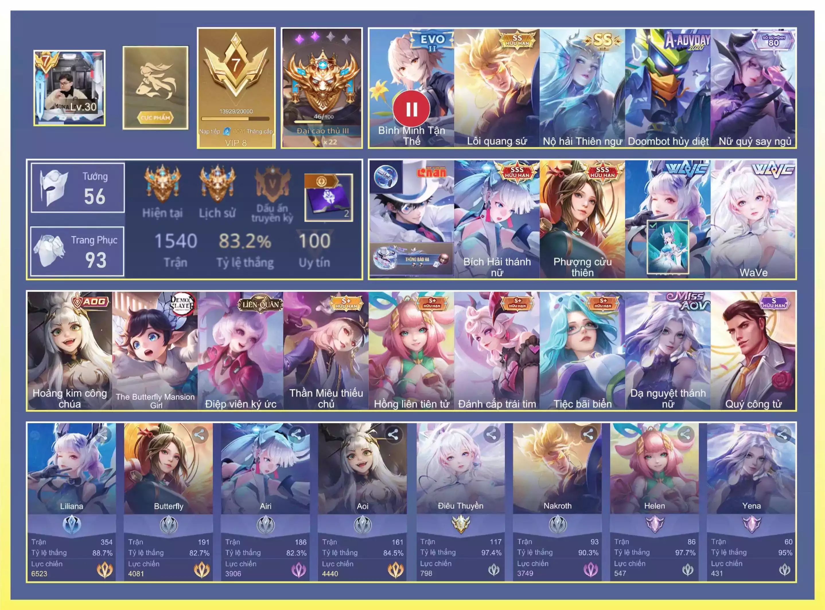 Hayate Siêu đạo chích Kid, Butterfly Phượng Cửu Thiên, Airi Bích hải thánh nữ,Điêu Thuyền WaVe, Liliana WaVe, Nakroth Lôi Quang Sứ, Ilumia Nộ hải Thiên ngư