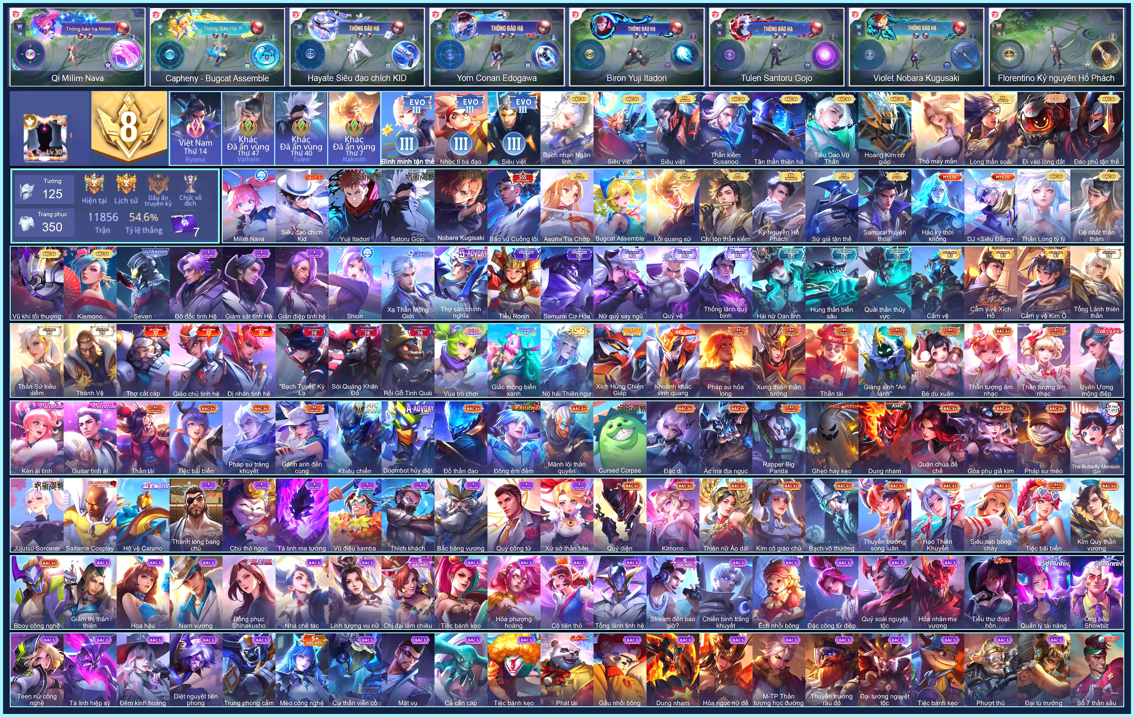 Raz Bão vũ Cuồng lôi, Violet Nobara Kugisaki, Butterfly Asuna Tia chớp, Tulen Satoru Gojo, Hayate Siêu đạo chích Kid, Qi Milim Nava, Biron Yuji Itadori...