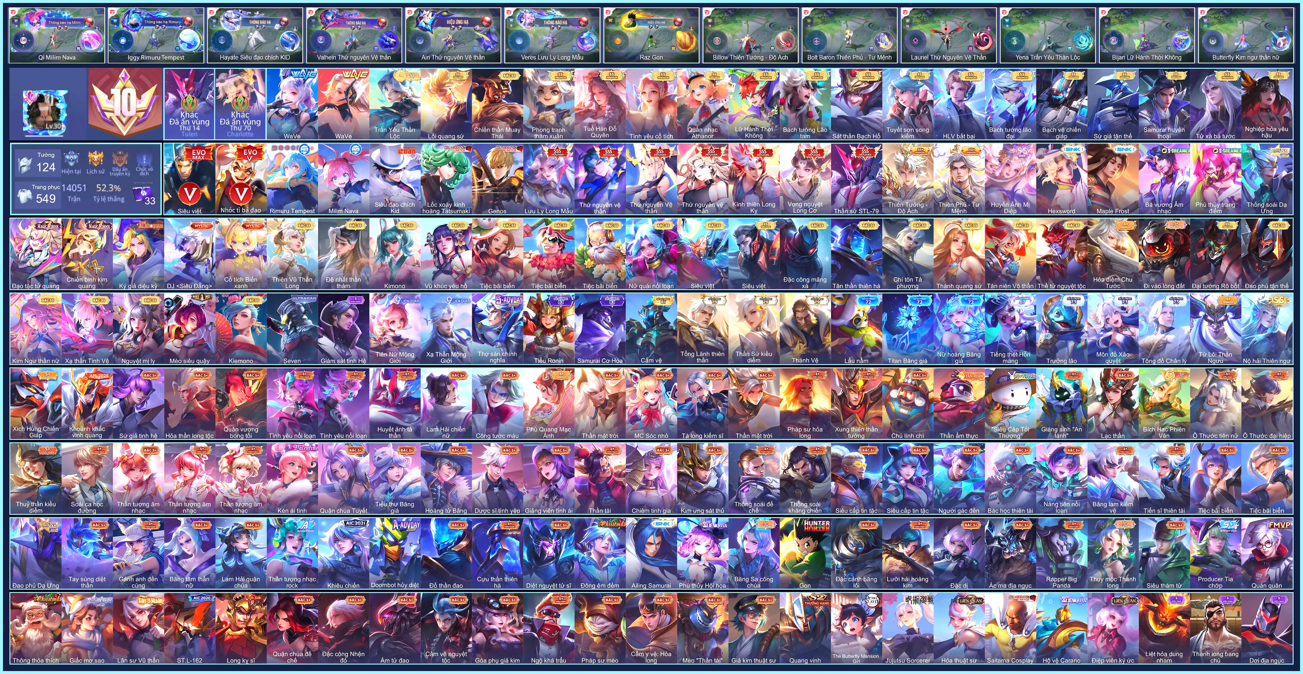 (VIP 10) MÁC CHIẾN THẦN, 7 SKIN SSS, Krixi Lốc Xoáy Kinh Hoàng, Hayate Siêu đạo chích Kid, Errol Genos, Qi Milim Nava, Iggy Rimuru Tempest, Charlotte Hexsword...