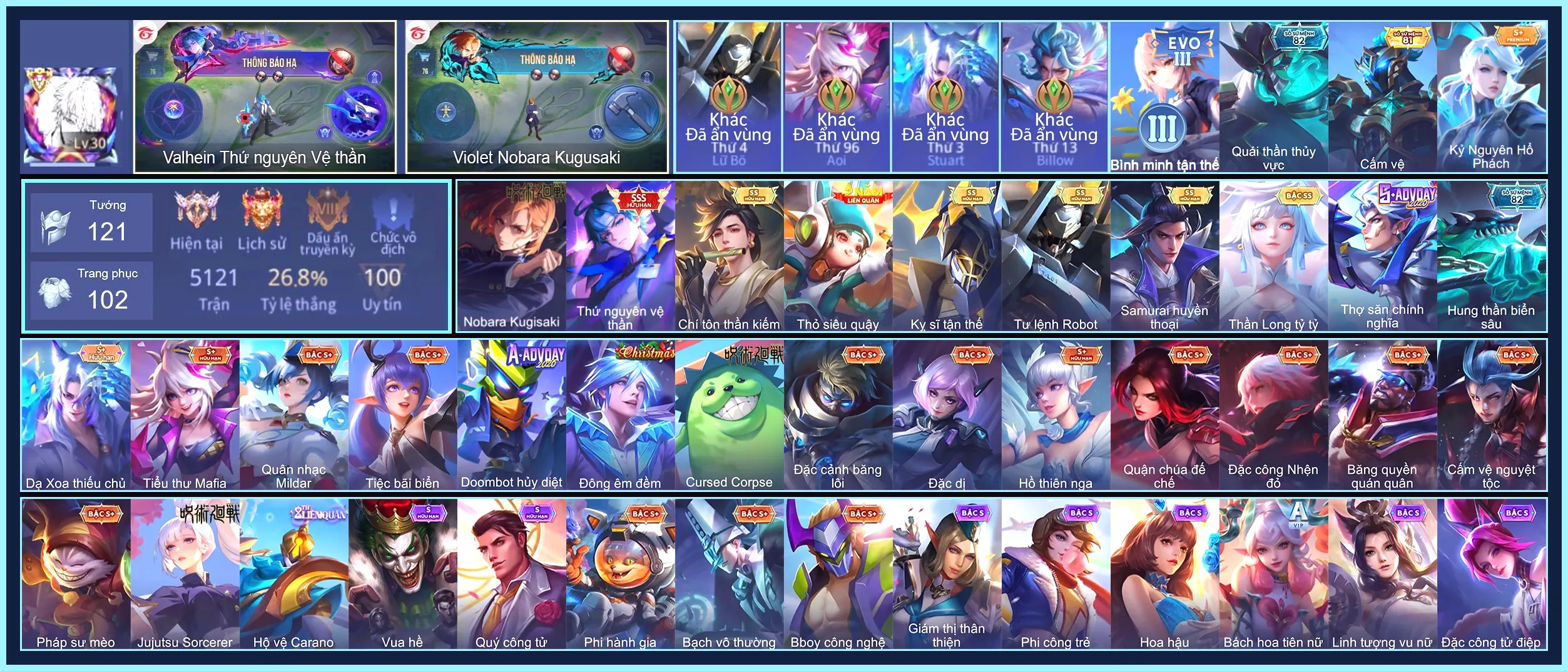 MÁC THÁCH ĐẤU, Violet Nobara Kugisaki, Valhein Thứ Nguyên Vệ Thần,  Lữ Bố Tư lệnh Robot, Violet Thần long tỷ tỷ, Triệu Vân Kỵ sĩ tận thế, Murad Chí tôn thần kiếm, Ryoma Samurai Huyền thoại...