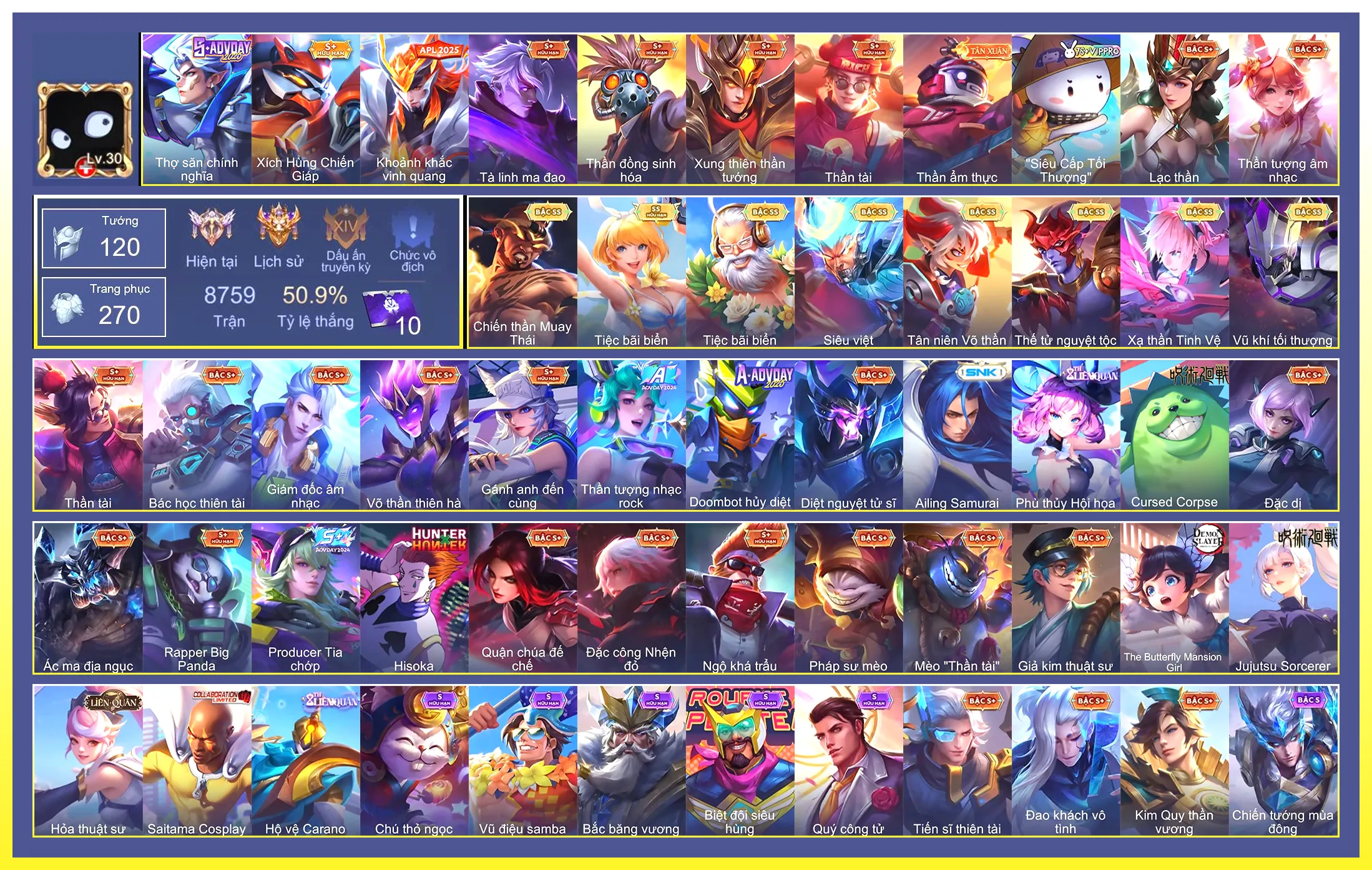 Valhein Vũ khí tối thượng, Yorn Thế Tử Nguyệt Tộc, Gildur Tiệc Bãi Biển, Violet Tiệc bãi biển, Raz Chiến thần Muay Thái, Ngộ Không Siêu việt, Ngộ Không Tân niên Võ Thần, Laville Xạ Thần Tinh Vệ…