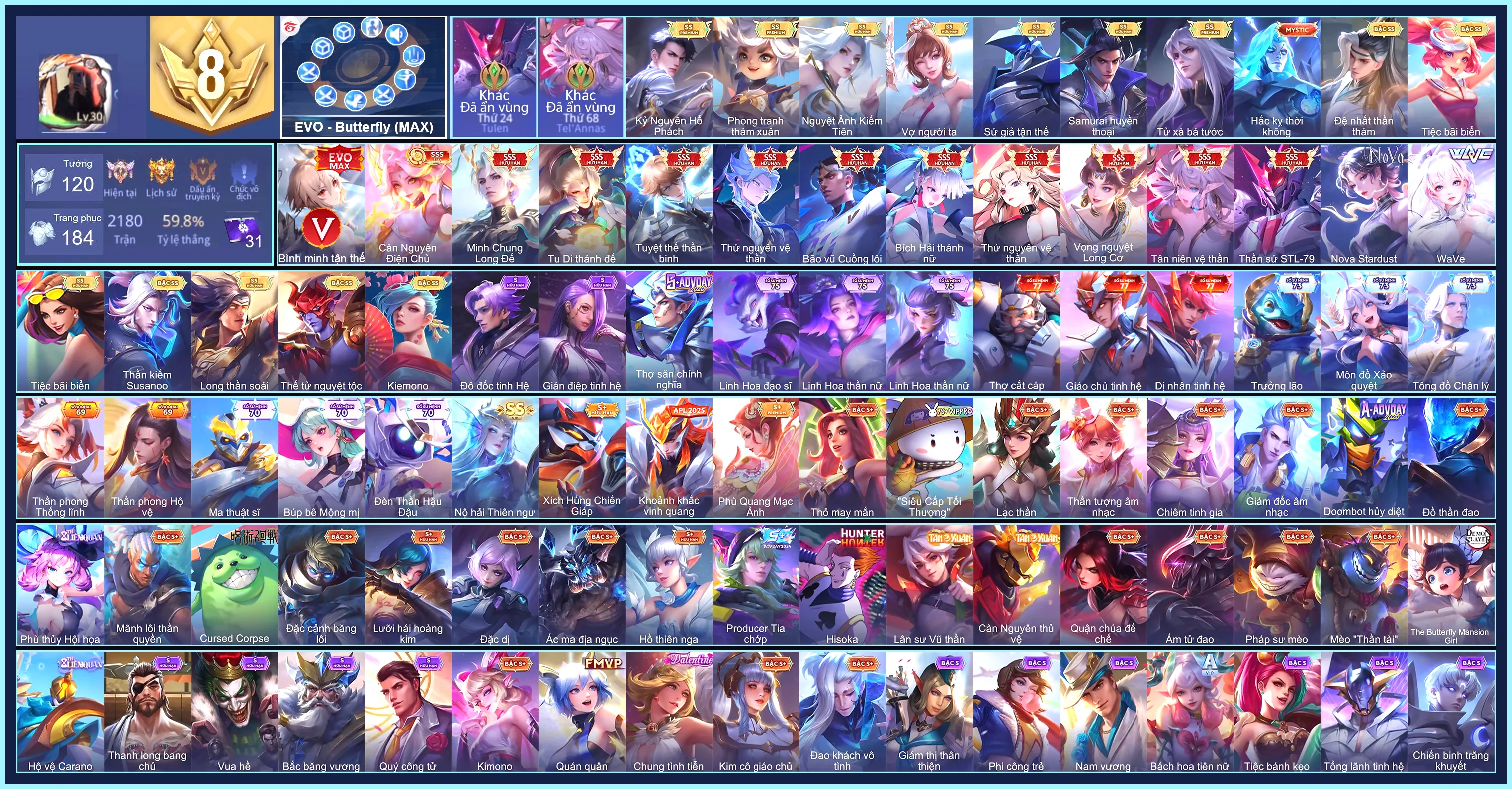 MÁC CHIẾN THẦN, Butter EVO5 Max, TelAnnas Tân niên vệ thần, Violet Vọng nguyệt Long Cơ, Nakroth thứ nguyên vệ thần, Murad Tuyệt thế thần binh, Triệu Vân Minh Chung Long Đế, Lauriel Thứ nguyên vệ thần, Airi Bích hải thánh nữ, Tulen Thần sứ ST.L-79, Hayate Tu Di Thánh Đế, Capheny Càn Nguyên Điện Chủ, Raz Bão vũ Cuồng lôi...