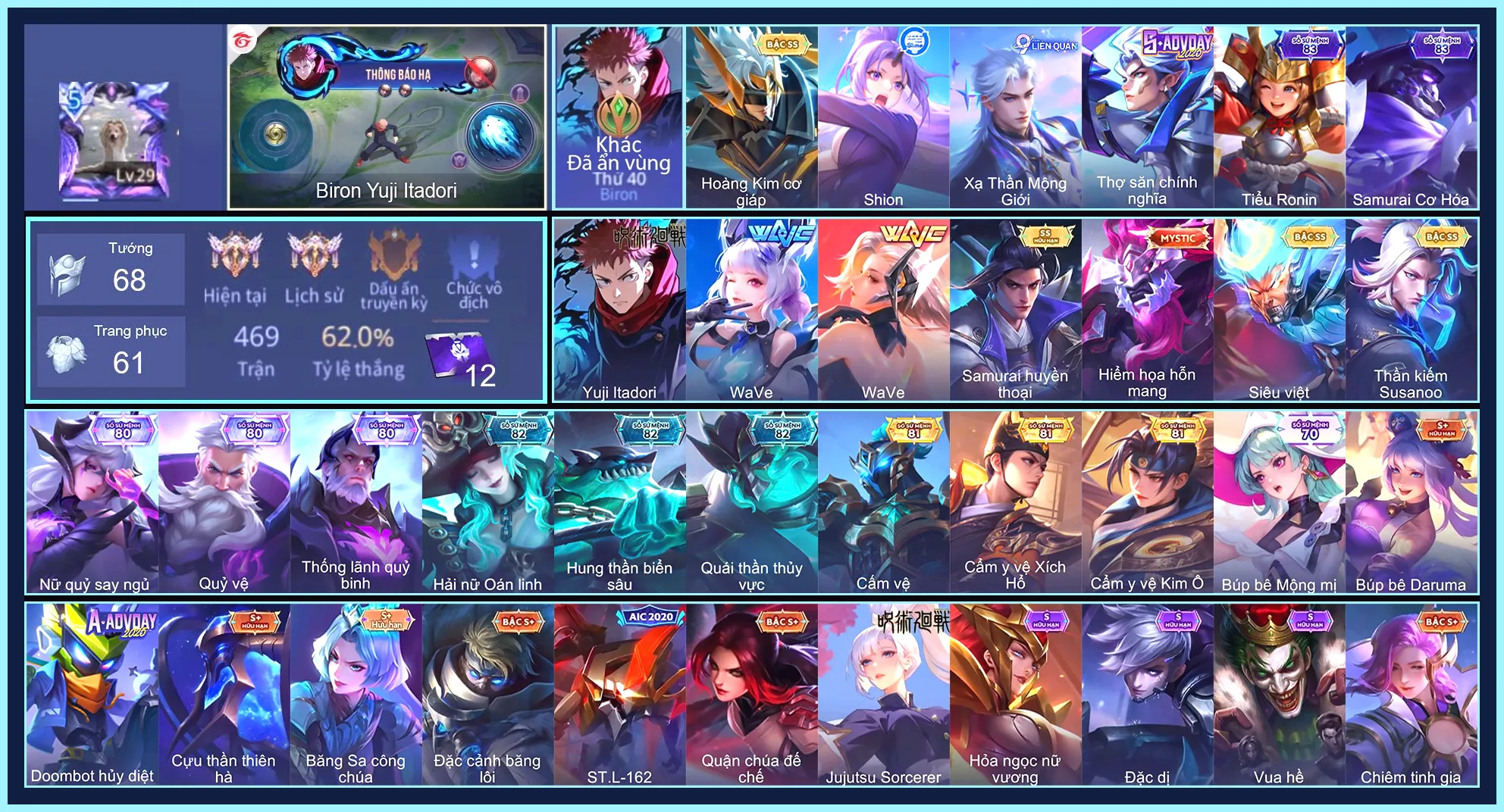 Biron Yuji Itadori, Ryoma Samurai Huyền thoại, Ngộ Không Siêu việt, Richter Kiếm thần Susanoo, Bijan Hoàng kim cơ giáp, Yena WaVe, Liliana WaVe.... TRẮNG THÔNG TIN