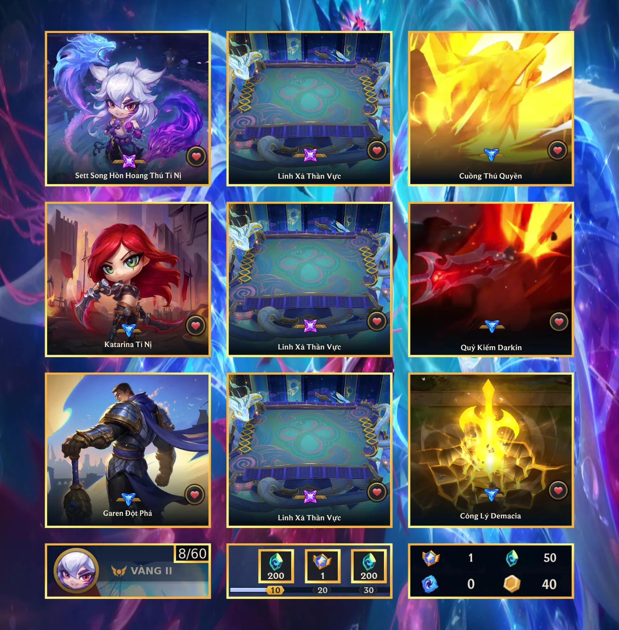 📮 Combo VIP [ 𝗧𝗼𝗽 𝗚𝗮𝗺𝗲 ] 📮 Set Song Hồn Hoang Thú Tí Nị ✅ Sàn - Linh Xà Thần Vực ⬆️ Chưởng Lực - Cuồng Thú Quyền - Quỷ Kiếm Darkin - Công Lý Demacia 🌠 Dư 1 Huy Chương ( Đổi Được Thêm 1 Chưởng Lực Bậc Tím ) - Vòng Quay (10/60) + 1 Huy Chương 🍁 Có Thẻ Đổi Tên Nhân Vật Miễn Phí