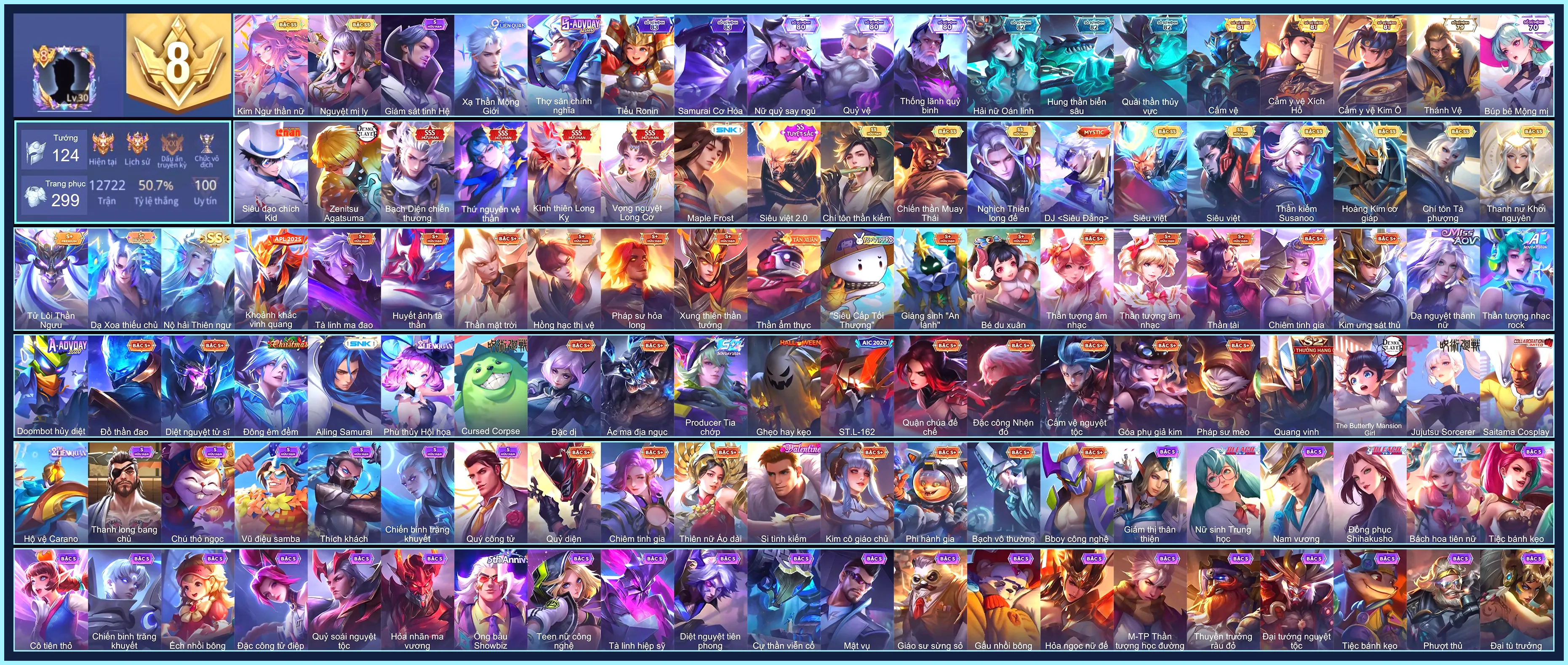Murad Zenitsu Agatsuma, Hayate Siêu đạo chích Kid, Valhein Thứ Nguyên Vệ Thần, Violet Vọng nguyệt Long Cơ, Nakroth Bạch diện chiến thương, Bijan Kình thiên Long Kỵ...