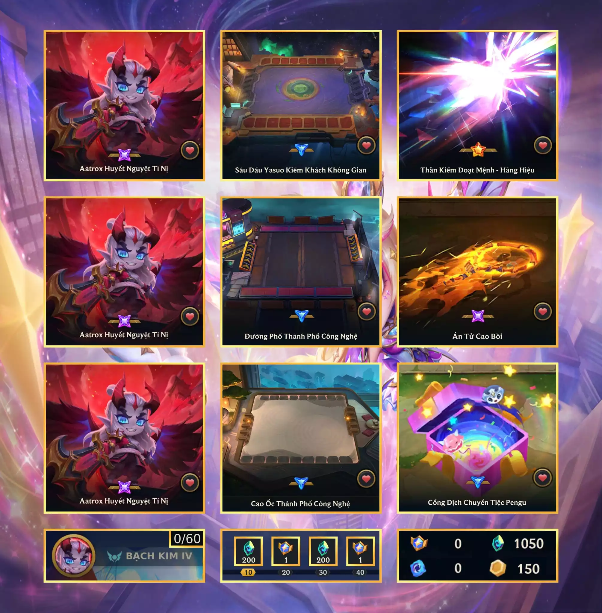 📮Combo Vip - Pet - Chưởng Lực Hàng Hiệu ✅ Aatrox Huyết Nguyệt Tí Nị ⬆️ Chưởng - Thần Kiếm Đoạt Mệnh - Hàng Hiệu 🌠 Sàn - Sân Đấu Yasuo Kiếm Khách 🌠 Sàn - Đường Phố Công Nghệ 🌠 Sàn - Cao Ốc Thành Phố Công Nghệ 🌠 Sàn - Móng Vuốt Mùa Đông ⬆️ Chưởng - Án Tử Cao Bồi ➡️ Dư 150 Xu ➡️ Dư 1.050 Pha Lê ✅ 2 Cổng Dịch Chuyển Vip🍁 Có Thẻ Đổi Tên Nhân Vật Miễn Phí