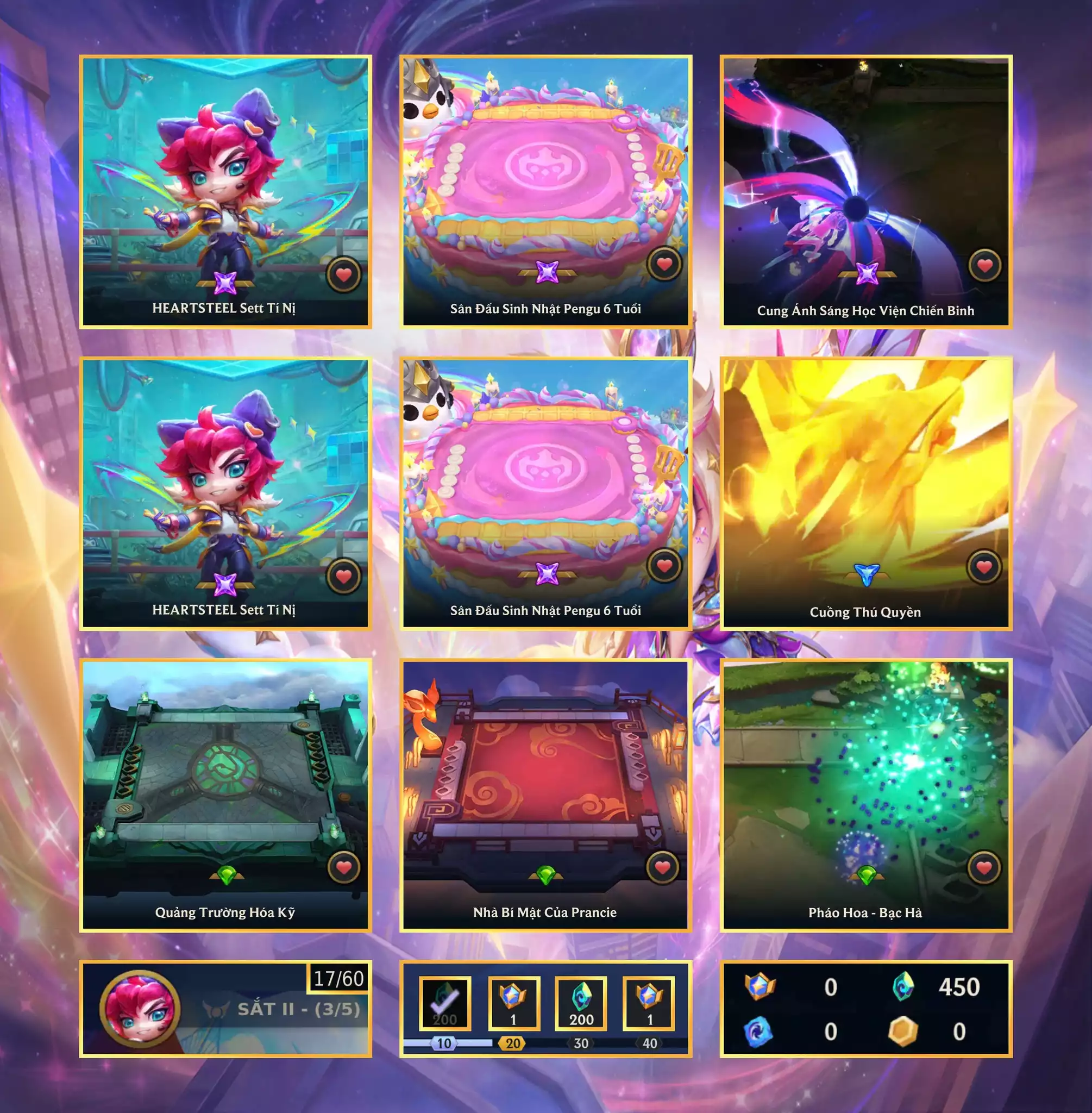 📮 Combo VIP ĐẸP KENG 📮 Set Hearsteel Tí Nị ✅ Sàn - Sân Đấu Sinh Nhật Pengu 6 Tuổi ⬆️ Chưởng Lực - Cung Ánh Sáng Học Viện Chiến Binh 🌠 Dư 450 Pha Lê - Vòng Quay (17/20) +1 Huy Chương 🍁 Có Thẻ Đổi Tên Nhân Vật Miễn Phí
