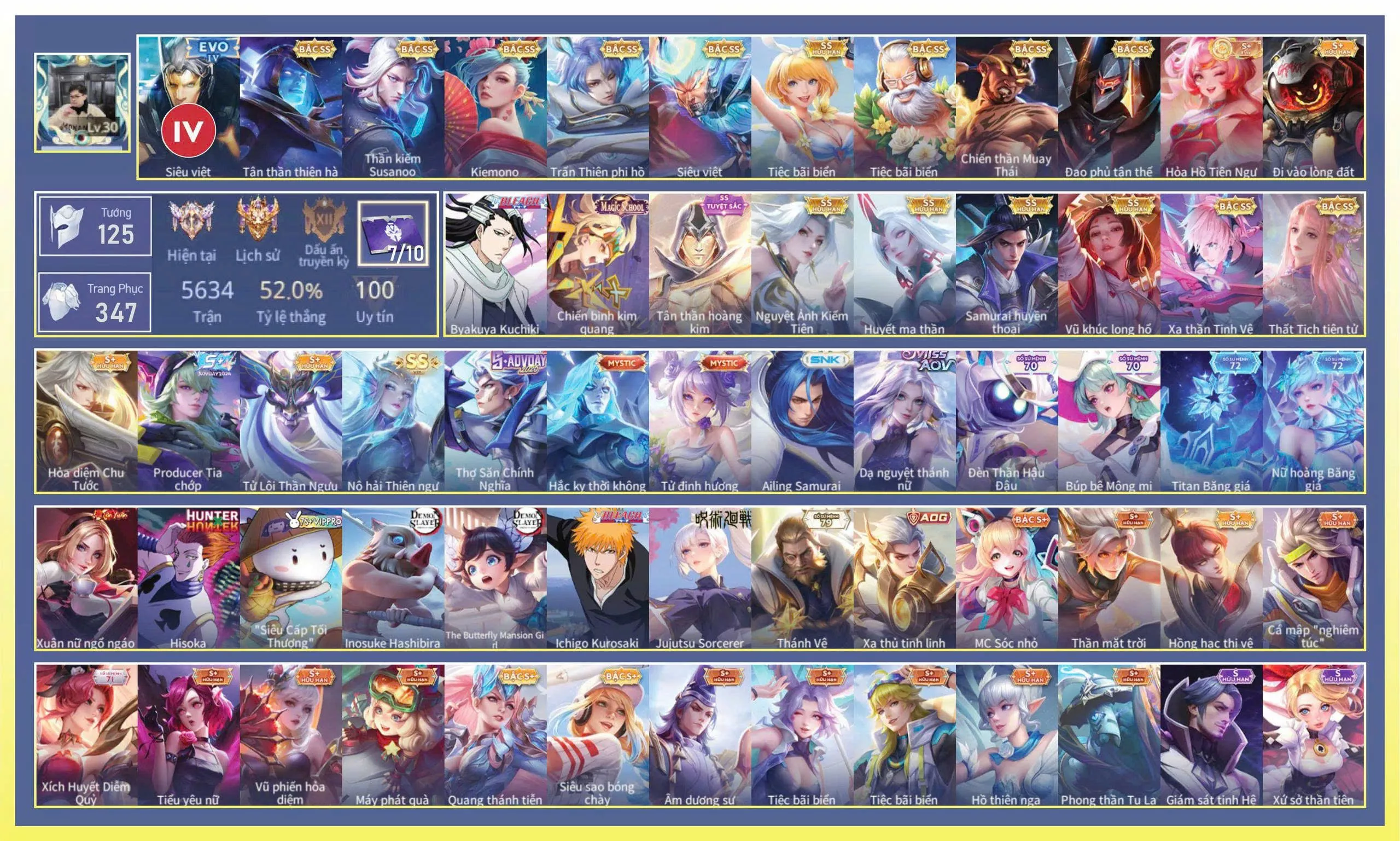 Lữ Bố Ichigo Kurosaki, Murad Byakuya Kuchiki, Raz Chiến thần Muay Thái, Tulen Tân Thần Thiên Hà, Elsu Trấn thiên phi hồ, Richter Kiếm thần Susanoo, Omen Đao phủ tận thế, Ryoma Samurai Huyền thoại, Mỗi số 17/12 đổi còn lại trắng all