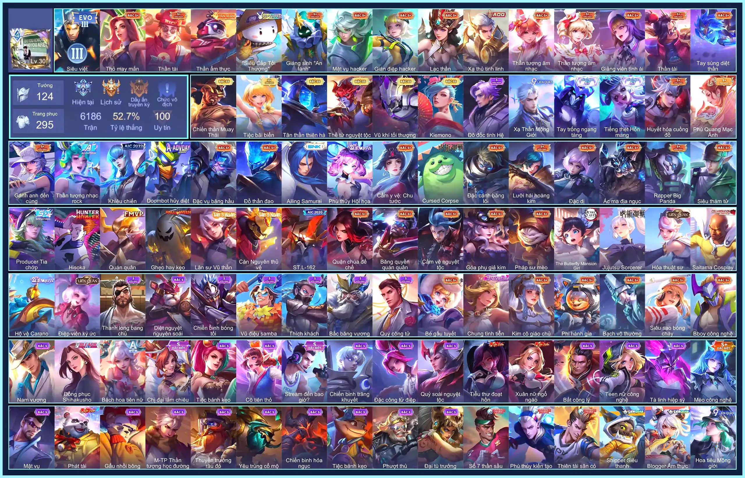 GẦN 300 SKIN, Valhein Vũ khí tối thượng, Yorn Thế Tử Nguyệt Tộc, Tulen Tân Thần Thiên Hà, Violet Tiệc bãi biển, Airi Kiemono, Raz Chiến thần Muay Thái...CHƯA CCCD CHƯA MAIL