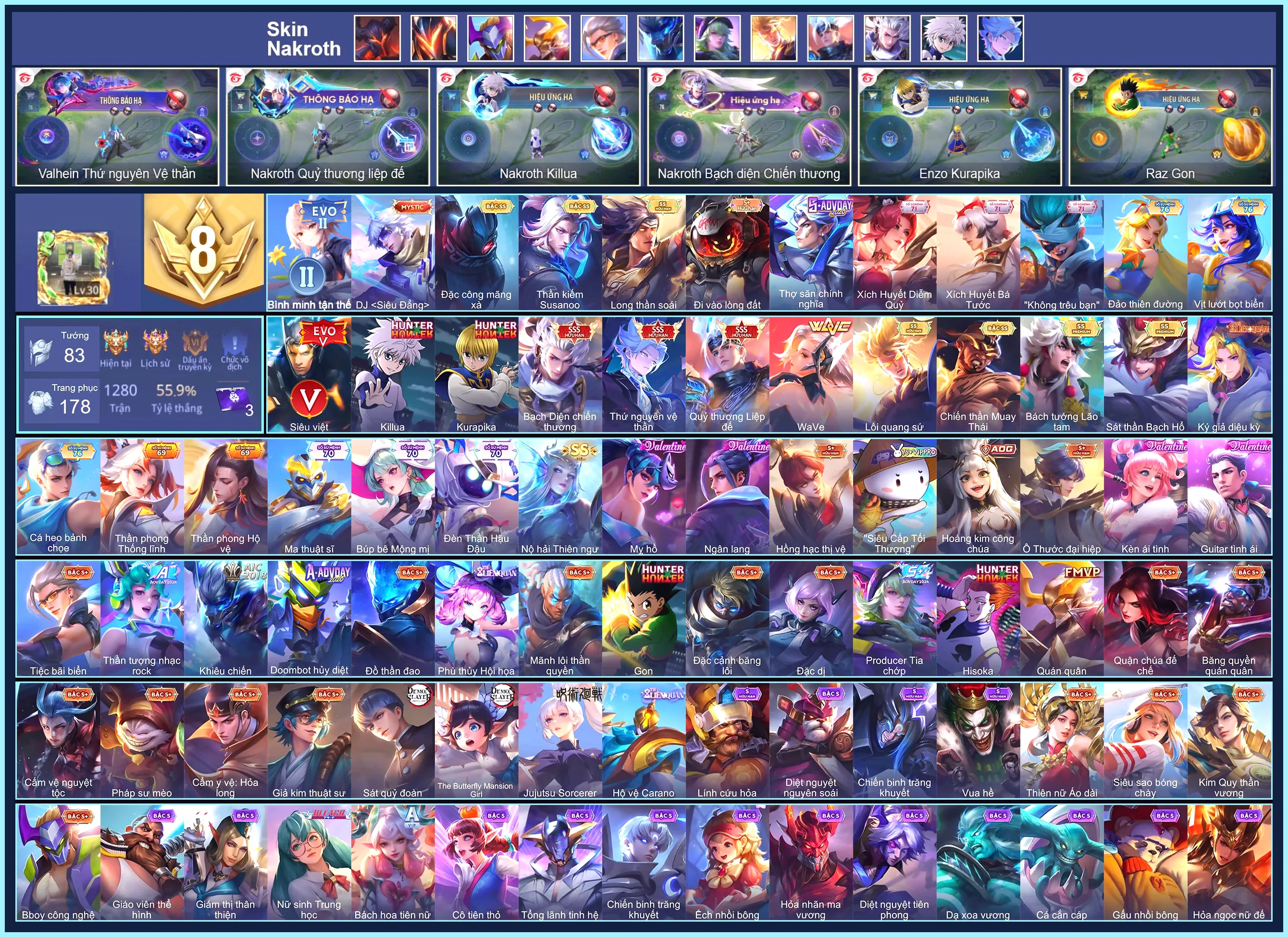 CHUYÊN NAKROTH: Nakroth Killua, Nakroth thứ nguyên vệ thần, Nakroth Quỷ Thương Liệp Đế, Nakroth Bạch diện chiến thương, Enzo Kurapika, Raz Gon...