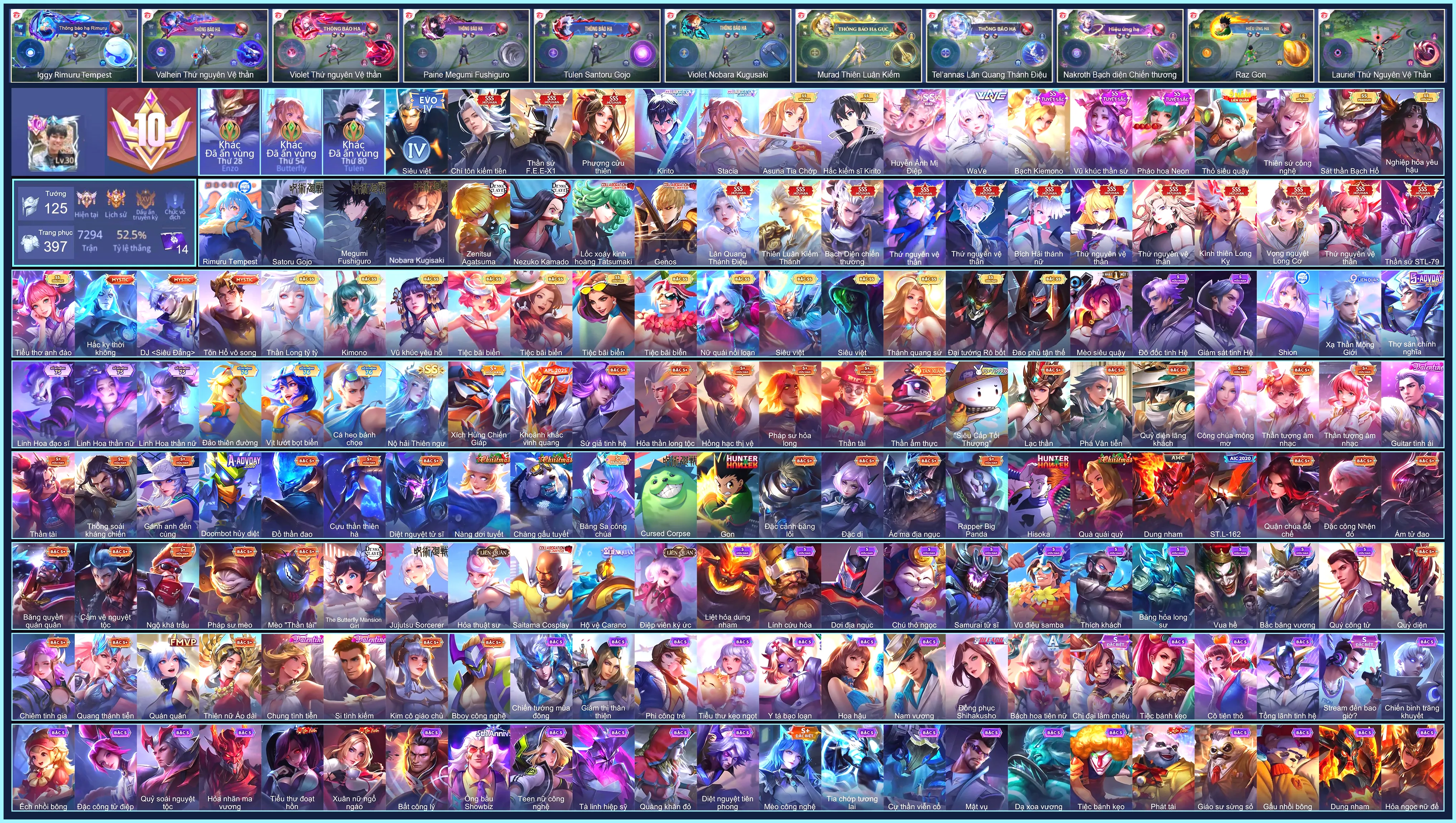 (VIP 10) ĐỔI ĐƯỢC CCCD, 15 SSS, NHIỀU ANIME: Krixi Lốc Xoáy Kinh Hoàng, Butterfly Asuna Tia chớp, Butterfly Stacia, Allain Kirito Hắc kiếm sĩ, Allain Kirito, Violet Nobara Kugisaki, Tulen Satoru Gojo, Murad Zenitsu Agatsuma, Raz Gon, Errol Genos, Paine Megumi Fushiguro, Keera Nezuko Kamado, Iggy Rimuru Tempest...