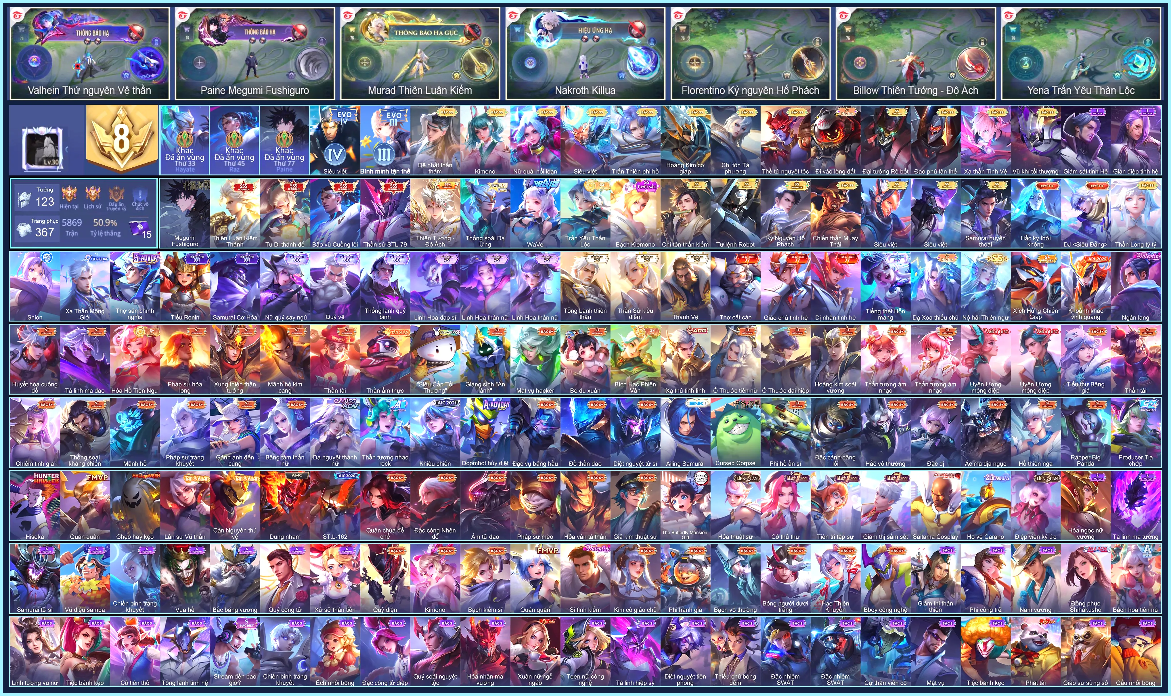 Hayate Tu Di Thánh Đế, Murad Thiên Luân Kiếm Thánh, Tulen Thần sứ ST.L-79, Raz Bão vũ Cuồng lôi, Paine Megumi Fushiguro...