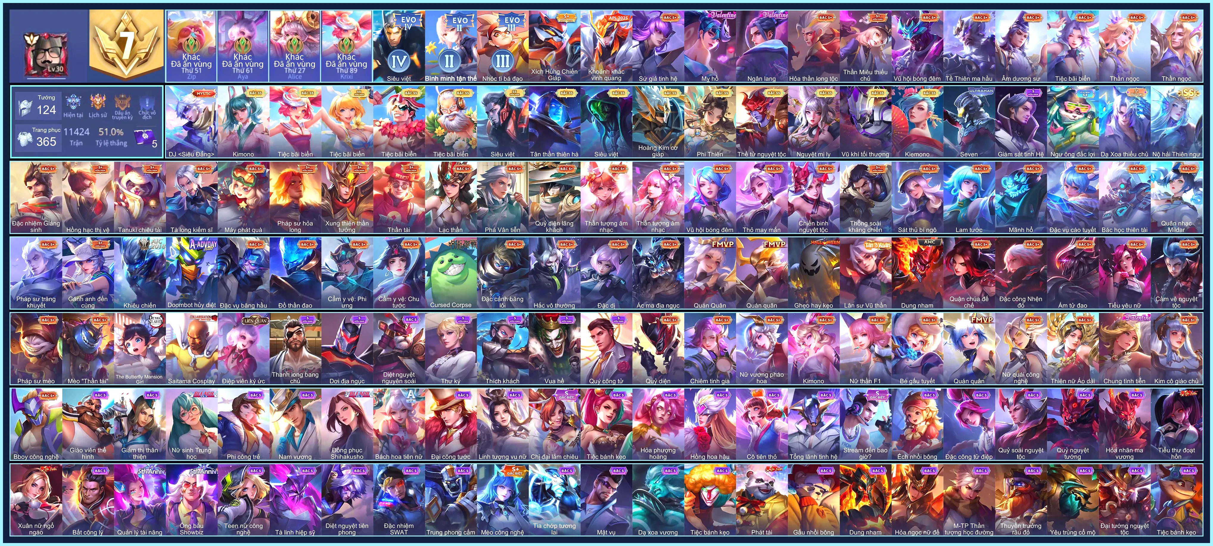 Lauriel Phi thiên, Raz Siêu việt, Liliana Nguyệt mị ly, Ilumia Nộ hải Thiên ngư, Tulen Tân Thần Thiên Hà, Capheny Kimono, Bijan Hoàng kim cơ giáp...