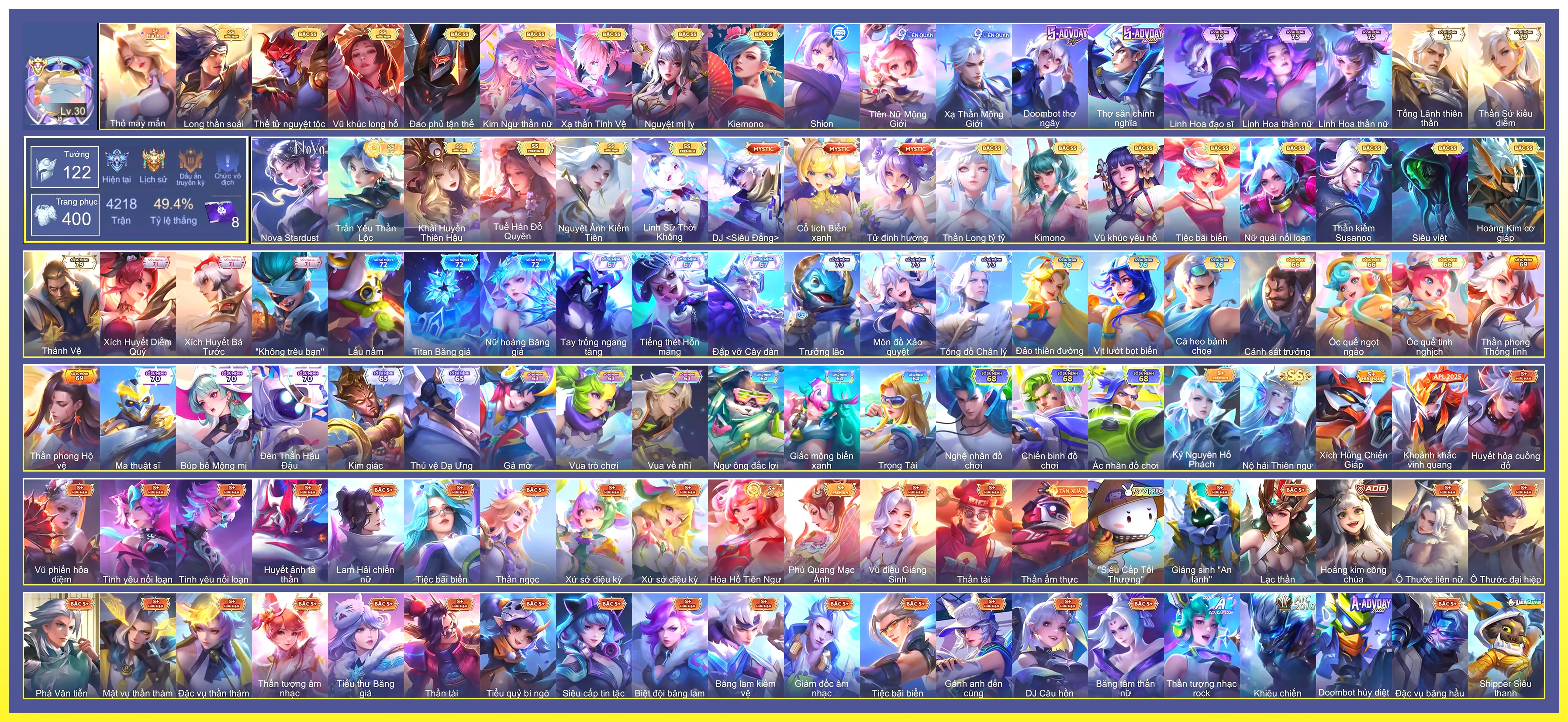 Ilumia Khải Huyền Thiên Hậu, Ilumia Nộ hải Thiên ngư, Yorn Thế Tử Nguyệt Tộc, Yorn Long thần soái, Raz Siêu việt, Capheny Kimono, Điêu Thuyền Tuế Hàn Đỗ Quyên, Laville Xạ Thần Tinh Vệ, Liliana Nguyệt mị ly, Rouie Linh Sứ Thời Không, Airi Kiemono, Yena Trấn Yêu Thần Lộc, Arum Vũ khúc long hổ, Richter Kiếm thần Susanoo, Omen Đao phủ tận thế, Bijan Hoàng kim cơ giáp…