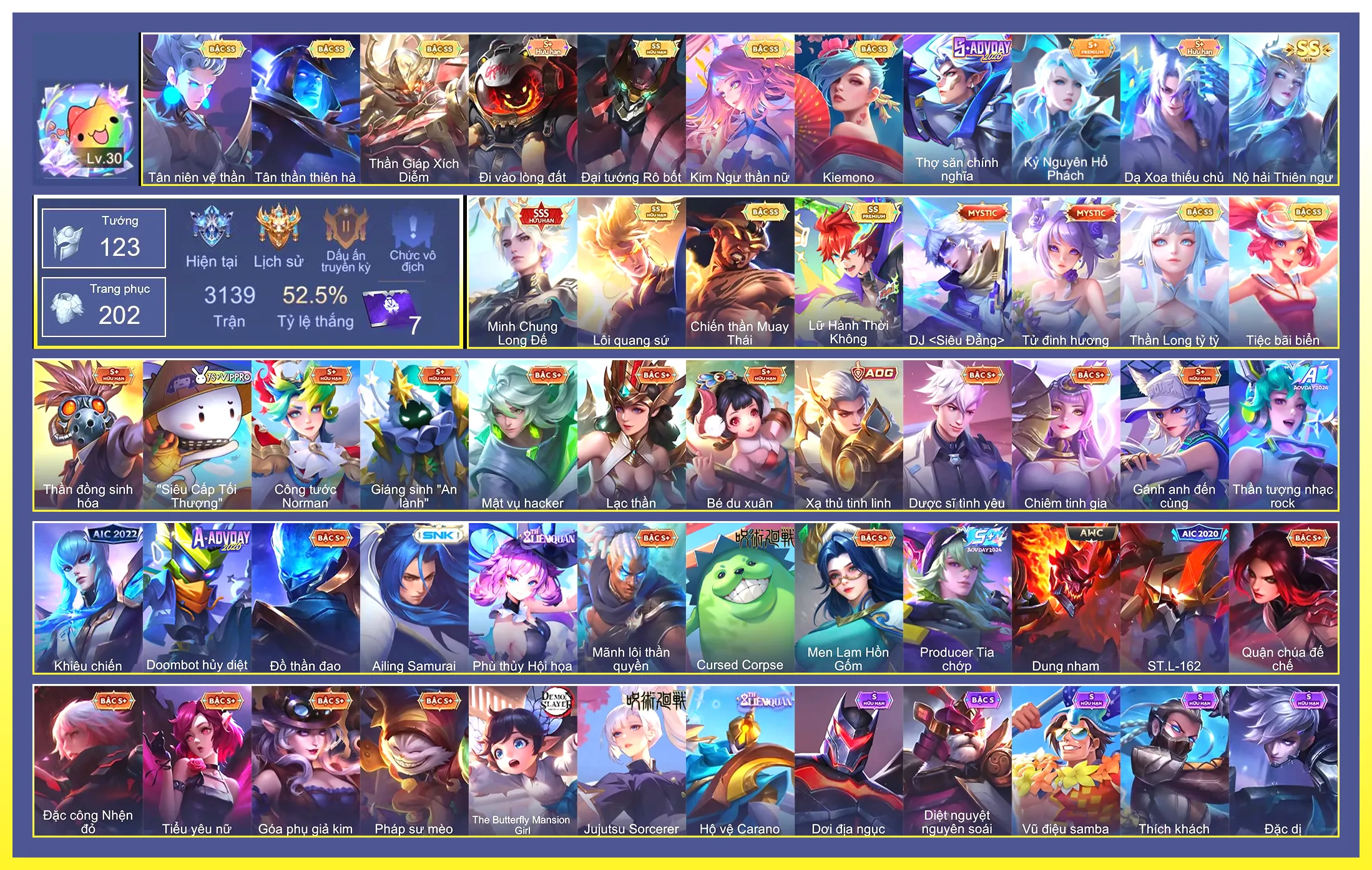 Krixi Tiệc Bãi Biển, Butterfly Kim ngư thần nữ, Maloch Đại Tướng Robot, Violet Thần long tỷ tỷ, Tulen Tân Thần Thiên Hà, Tulen Tân niên vệ thần, Nakroth Lôi Quang Sứ, Raz Chiến thần Muay Thái, Ngộ Không Thần Giáp Xích Diễm, Airi Kiemono, Ilumia Nộ hải Thiên ngư, Bijan Lữ Hành Thời Không…