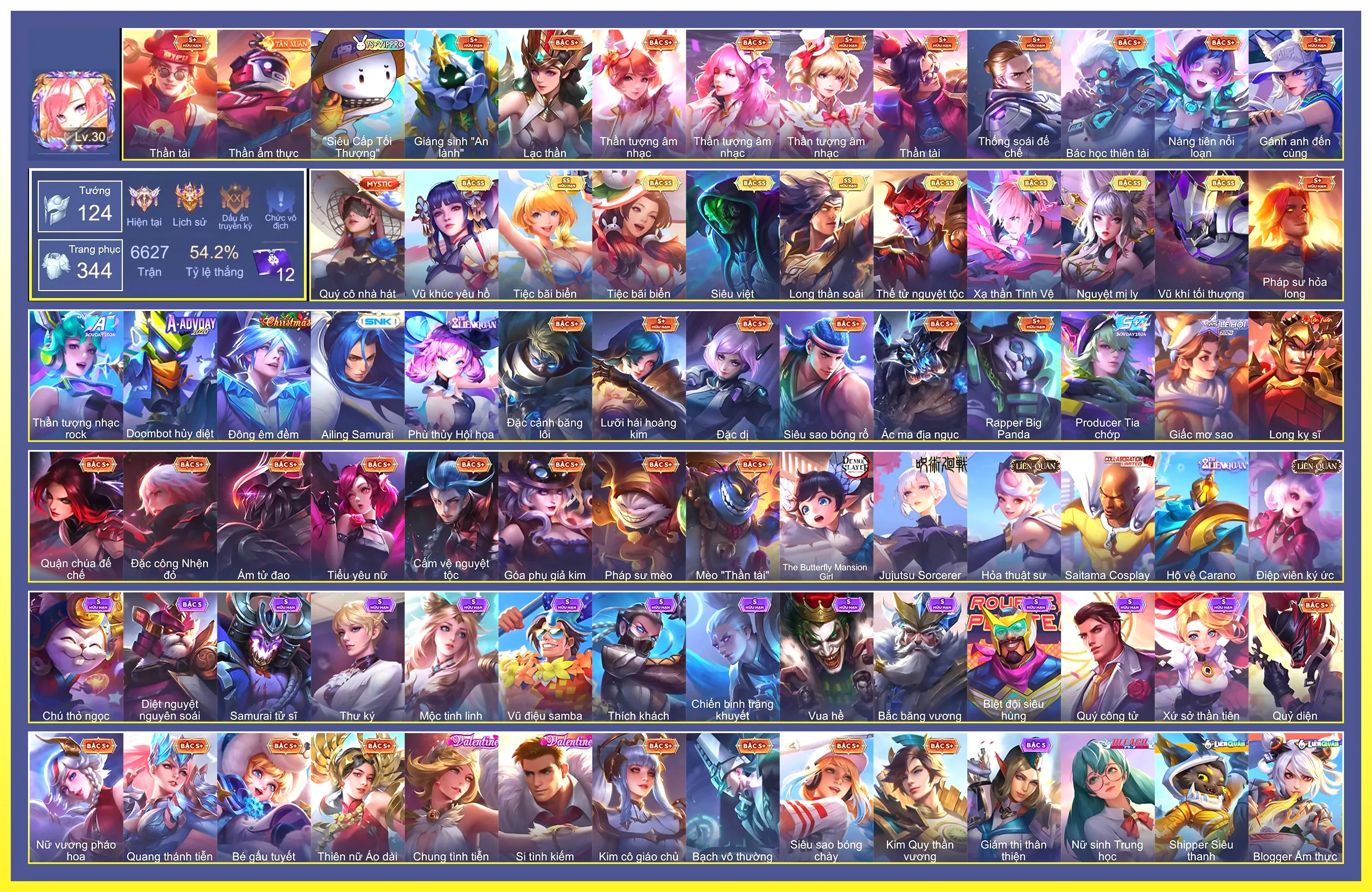 Valhein Vũ khí tối thượng, TelAnnas Vũ khúc yêu hồ, Điêu Thuyền Tiệc bãi biển, Violet Tiệc bãi biển, Yorn Thế Tử Nguyệt Tộc, Yorn Long thần soái, Raz Siêu việt, Liliana Nguyệt mị ly, Laville Xạ Thần Tinh Vệ…