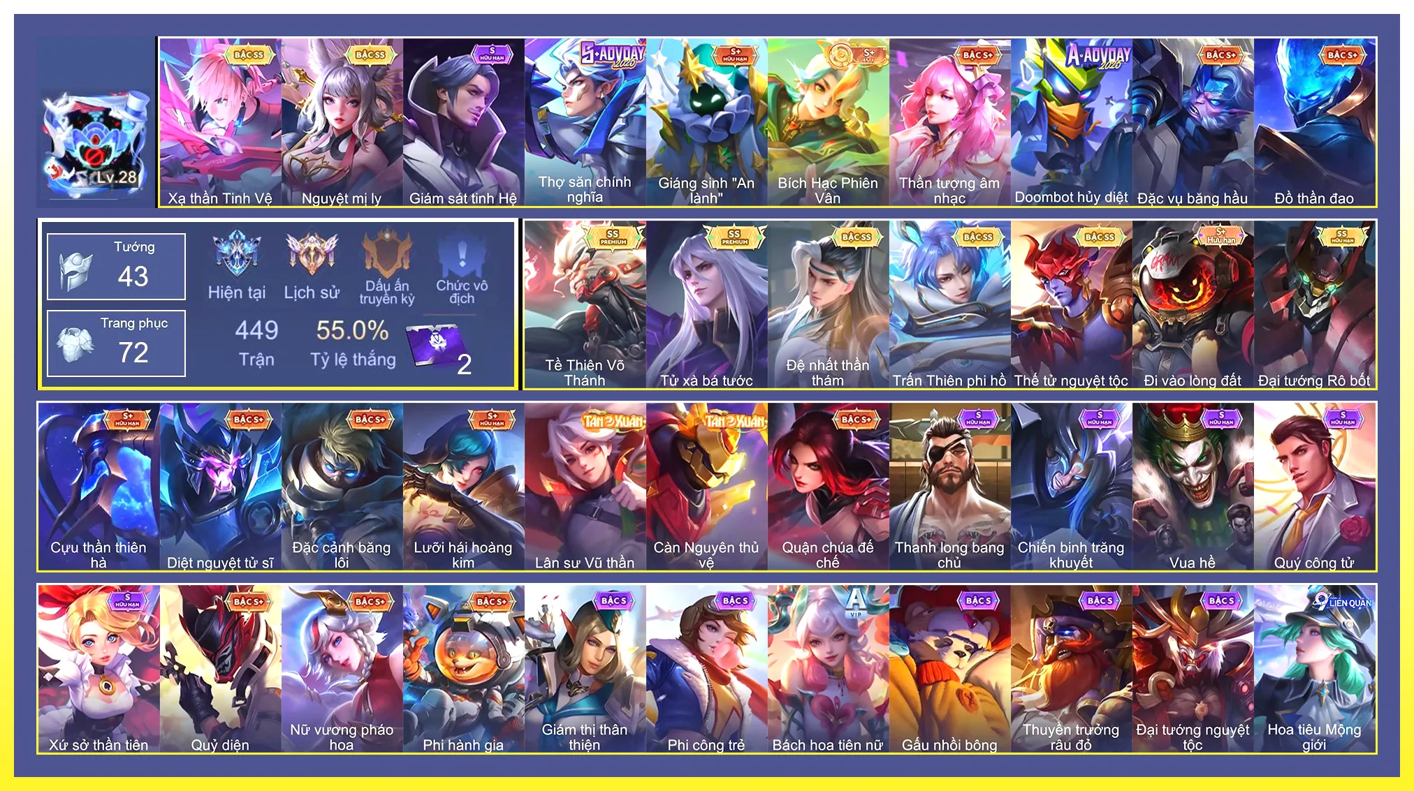 Valhein Đệ nhất thần thám, Maloch Đại Tướng Robot, Liliana Nguyệt mị ly, Elsu Trấn thiên phi hồ, Ngộ Không Tề Thiên Võ Thánh, Paine Tử xà Bá tước, Yorn Thế Tử Nguyệt Tộc, Laville Xạ Thần Tinh Vệ…