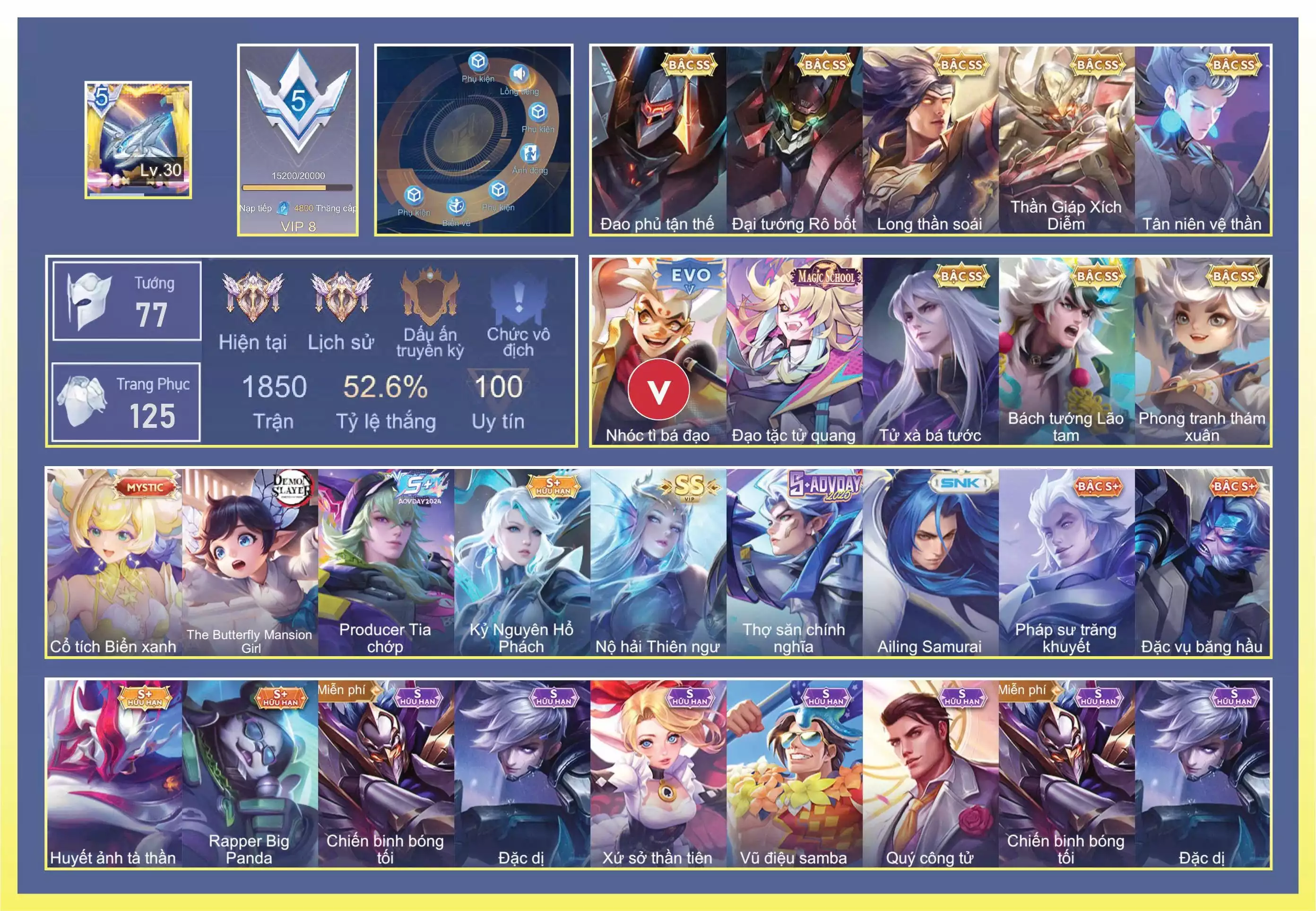 Ngộ Không Nhóc tì bá đạo Bậc 5 Full, Maloch Đại Tướng Robot, Ngộ Không Thần Giáp Xích Diễm, Fennik Phong Tranh Thám Xuân, Cresht Bách Tướng Lão Tam, Paine Tử xà Bá tước, Tulen Tân niên vệ thần