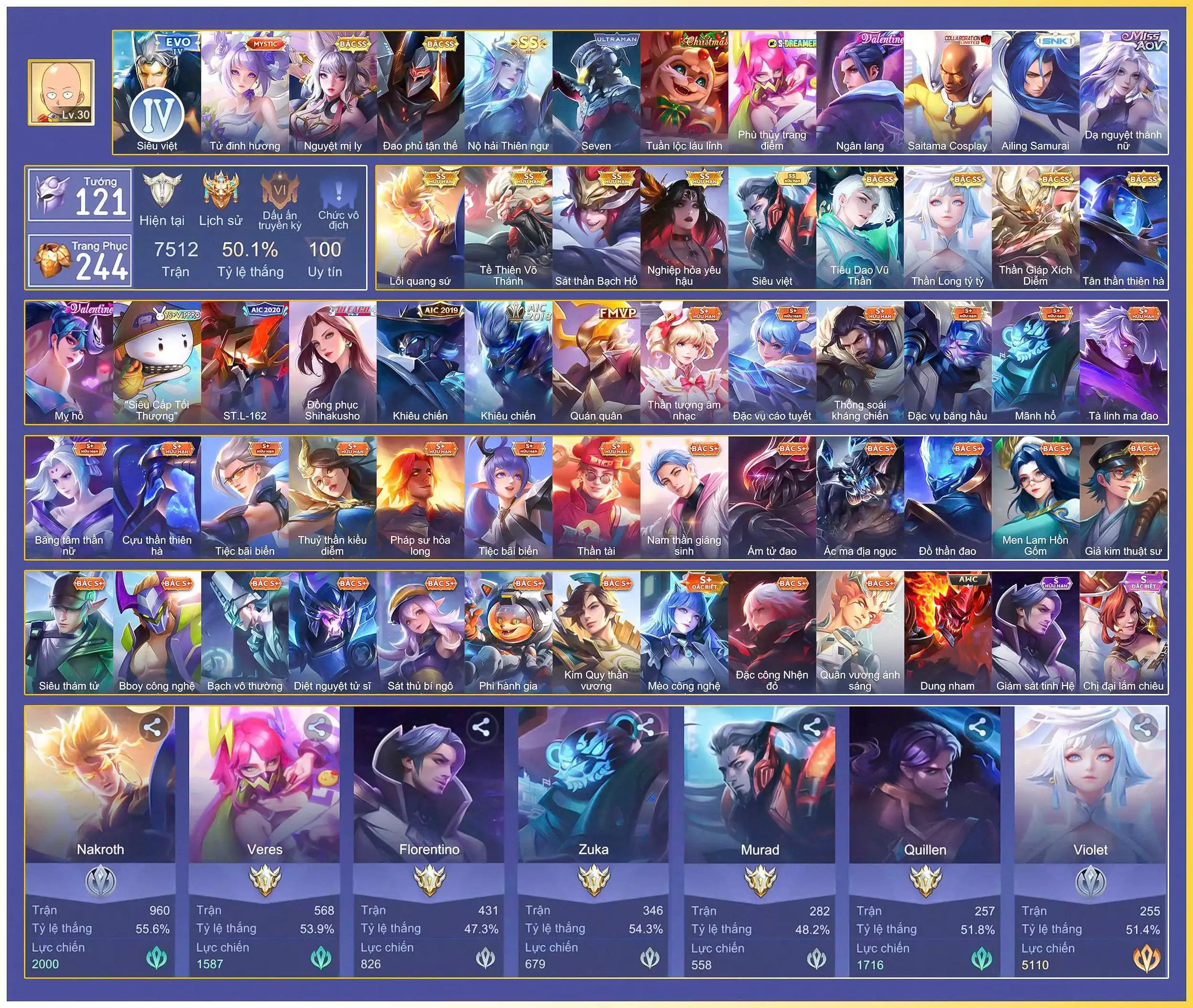 Nakroth Lôi Quang Sứ, Tulen Tân Thần Thiên Hà, Tulen Tiêu Dao Vũ Thần, Murad Siêu việt, Natalya nghiệp hỏa yêu hậu, Violet Thần long tỷ tỷ, Liliana Nguyệt mị ly, Enzo Sát thần Bạch Hổ, Ngộ Không Thần Giáp Xích Diễm, Ngộ Không Tề Thiên Võ Thánh