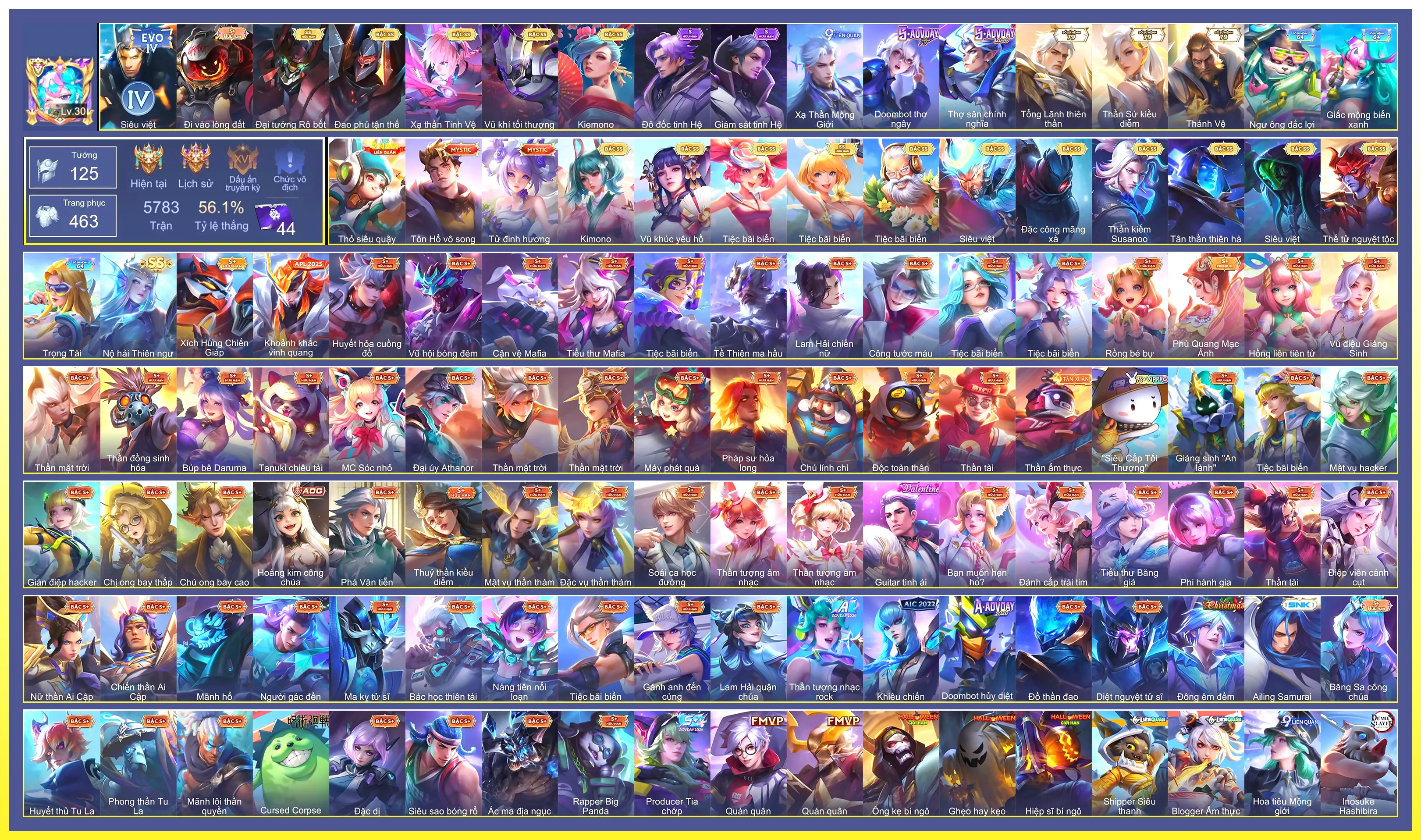 Valhein Vũ khí tối thượng, Krixi Tiệc Bãi Biển, TelAnnas Vũ khúc yêu hồ, Maloch Đại Tướng Robot, Gildur Tiệc Bãi Biển, Yorn Thế Tử Nguyệt Tộc, Raz Siêu việt, Ilumia Nộ hải Thiên ngư, Laville Xạ Thần Tinh Vệ, Tulen Tân Thần Thiên Hà, Richter Kiếm thần Susanoo, Omen Đao phủ tận thế, Violet Tiệc bãi biển, Airi Kiemono, Capheny Kimono, Ngộ Không Siêu việt, Quillen Đặc công mãng xà…