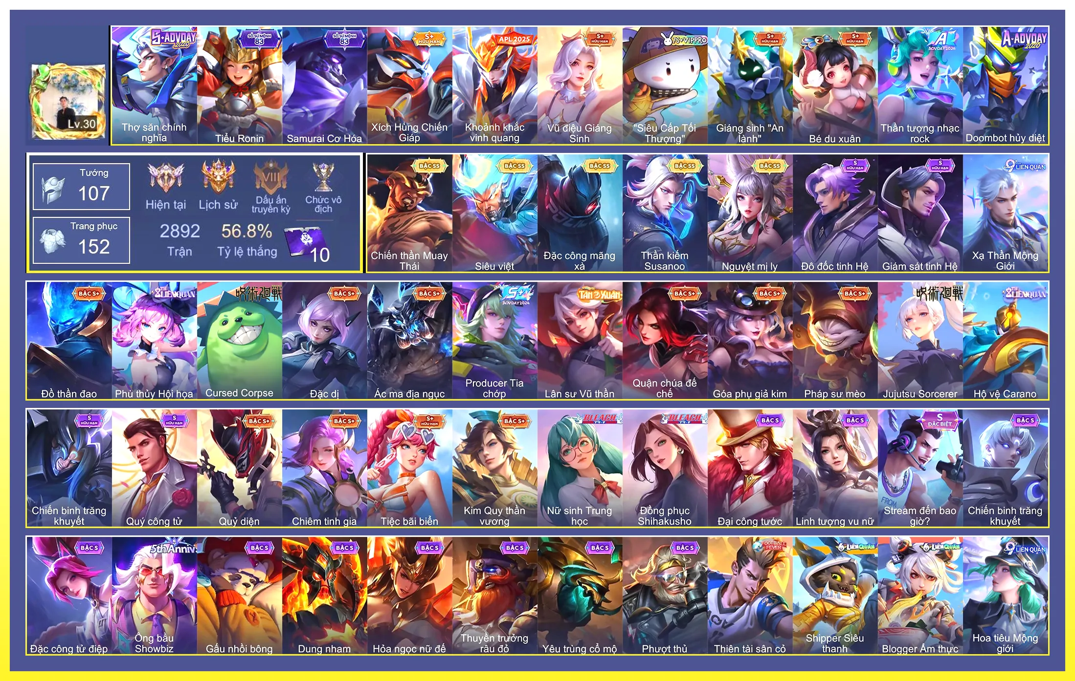 Ngộ Không Siêu việt, Richter Kiếm thần Susanoo, Raz Chiến thần Muay Thái, Quillen Đặc công mãng xà, Liliana Nguyệt mị ly…