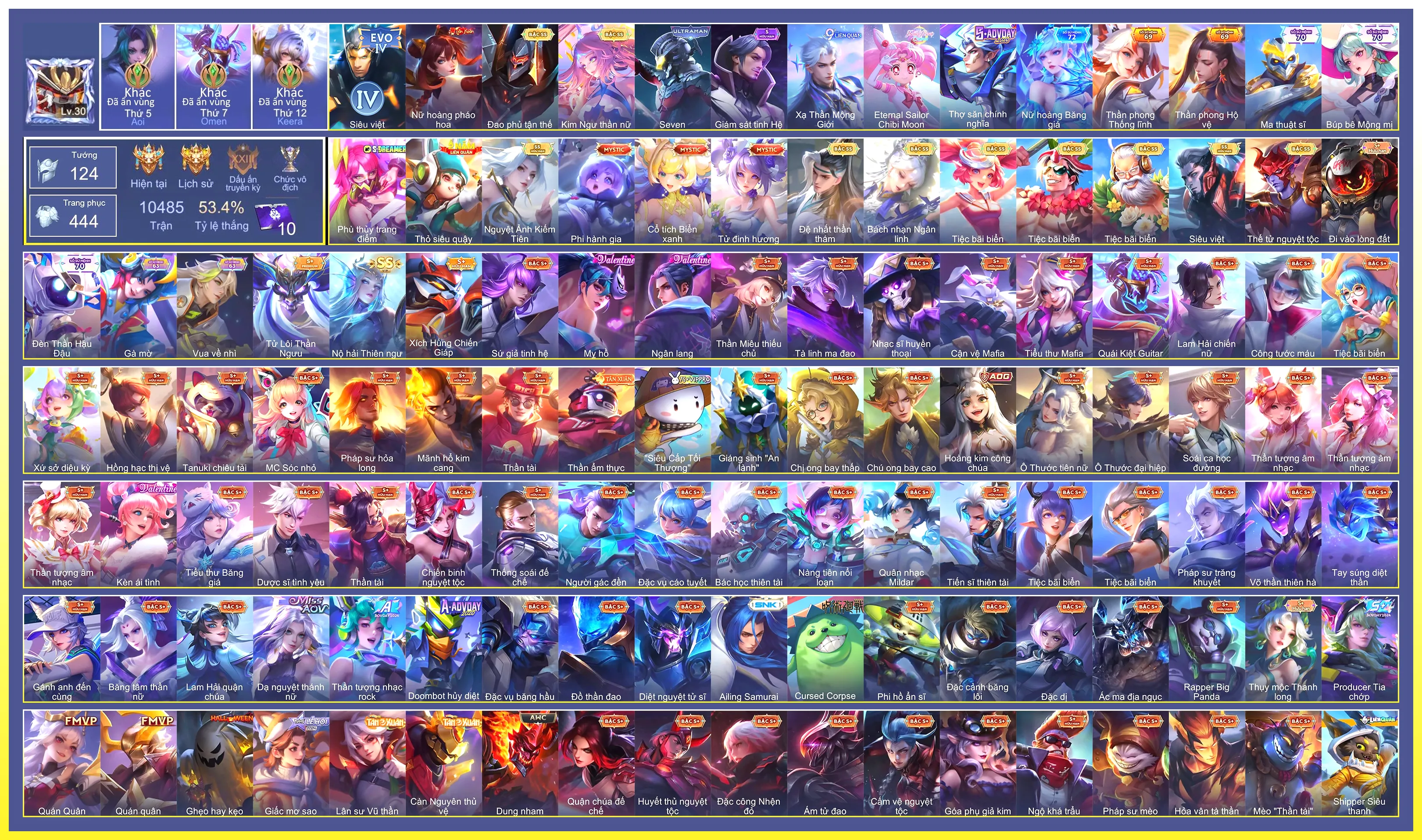 Valhein Đệ nhất thần thám, Yorn Thế Tử Nguyệt Tộc, Krixi Tiệc Bãi Biển, Gildur Tiệc Bãi Biển, Lữ Bố Tiệc Bãi Biển, Ilumia Nộ hải Thiên ngư, Butterfly Kim ngư thần nữ, Natalya Nguyệt Ảnh Kiếm Tiên, Omen Đao phủ tận thế, Murad Siêu việt, Sephera Bách nhạn ngân linh…