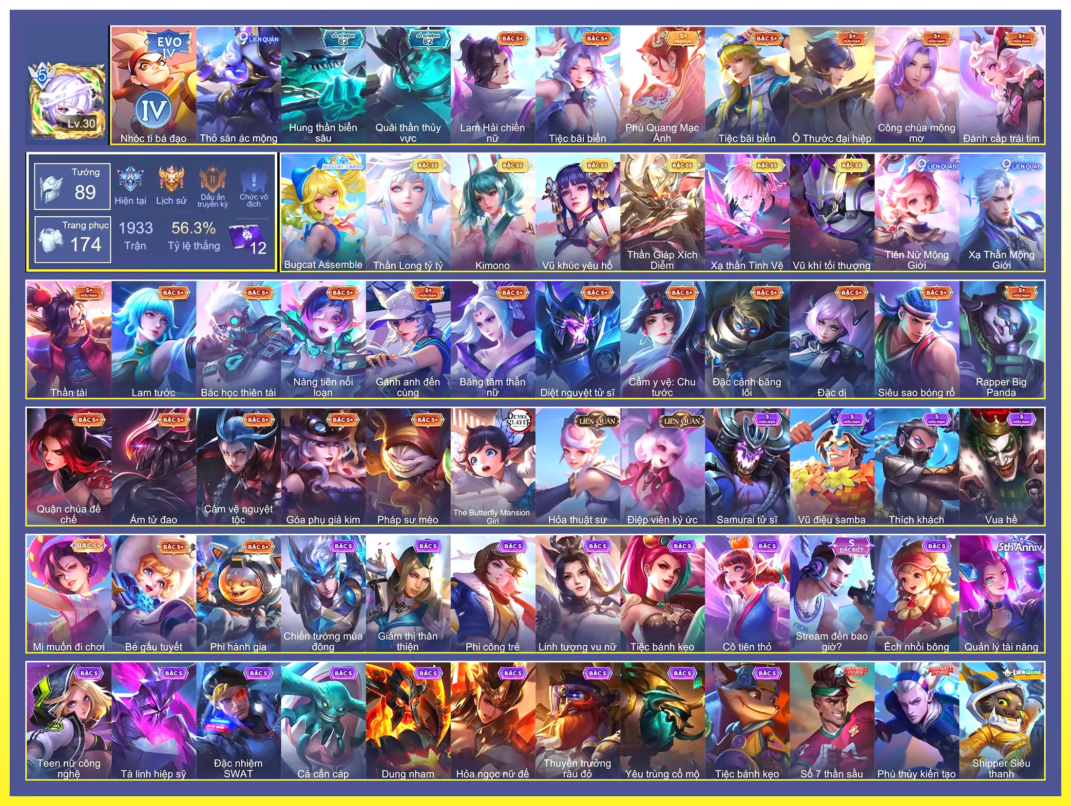 TelAnnas Vũ khúc yêu hồ, Valhein Vũ khí tối thượng, Violet Thần long tỷ tỷ, Laville Xạ Thần Tinh Vệ, Ngộ Không Thần Giáp Xích Diễm, Capheny Kimono….