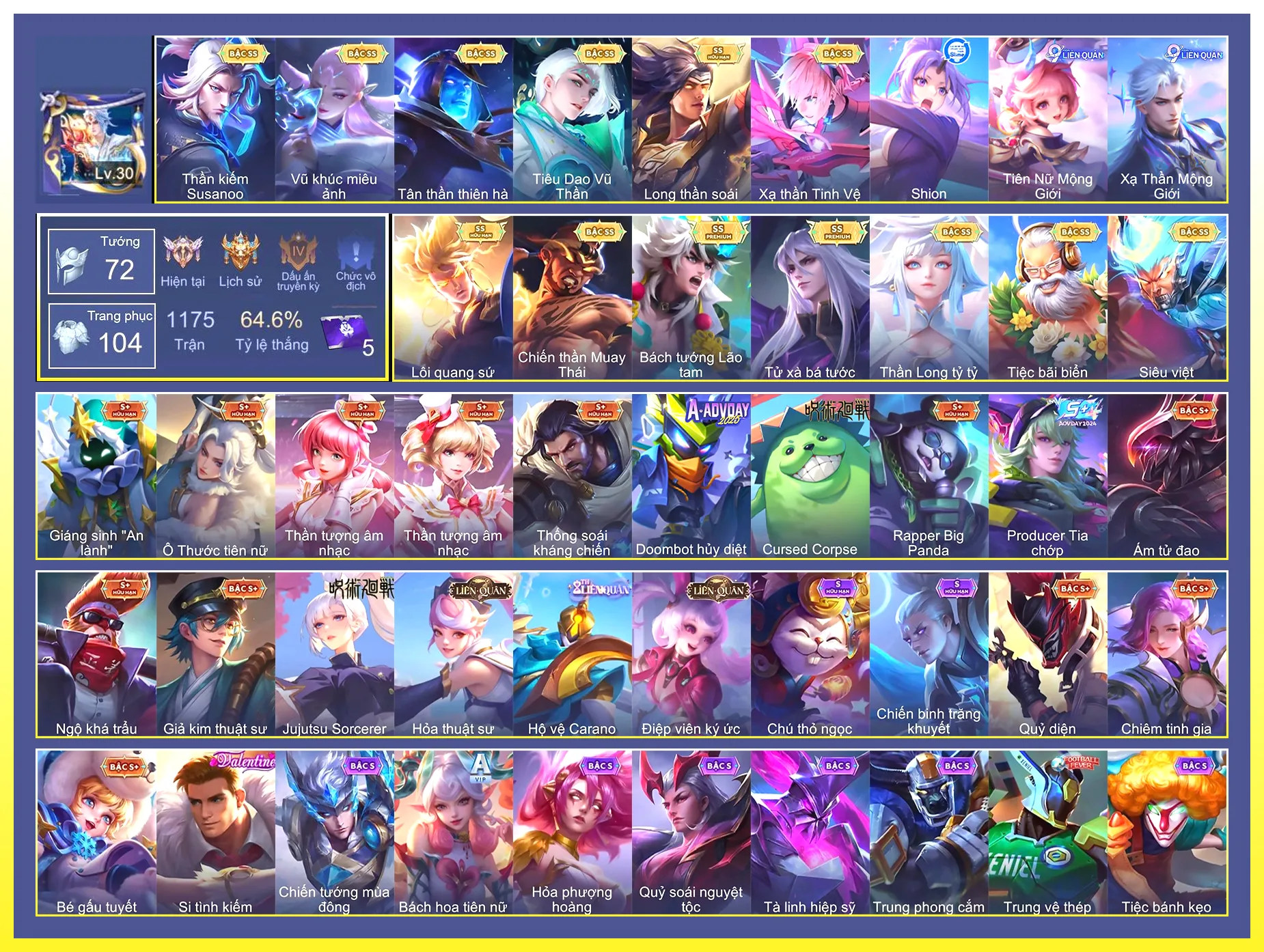 Cresht Bách Tướng Lão Tam, Yorn Long thần soái, Gildur Tiệc Bãi Biển, Laville Xạ Thần Tinh Vệ, Violet Thần long tỷ tỷ, Paine Tử xà Bá tước, Lauriel Vũ khúc miêu ảnh, Nakroth Lôi Quang Sứ, Tulen Tân Thần Thiên Hà, Tulen Tiêu Dao Vũ Thần, Ngộ Không Siêu việt, Richter Kiếm thần Susanoo, Raz Chiến thần Muay Thái…