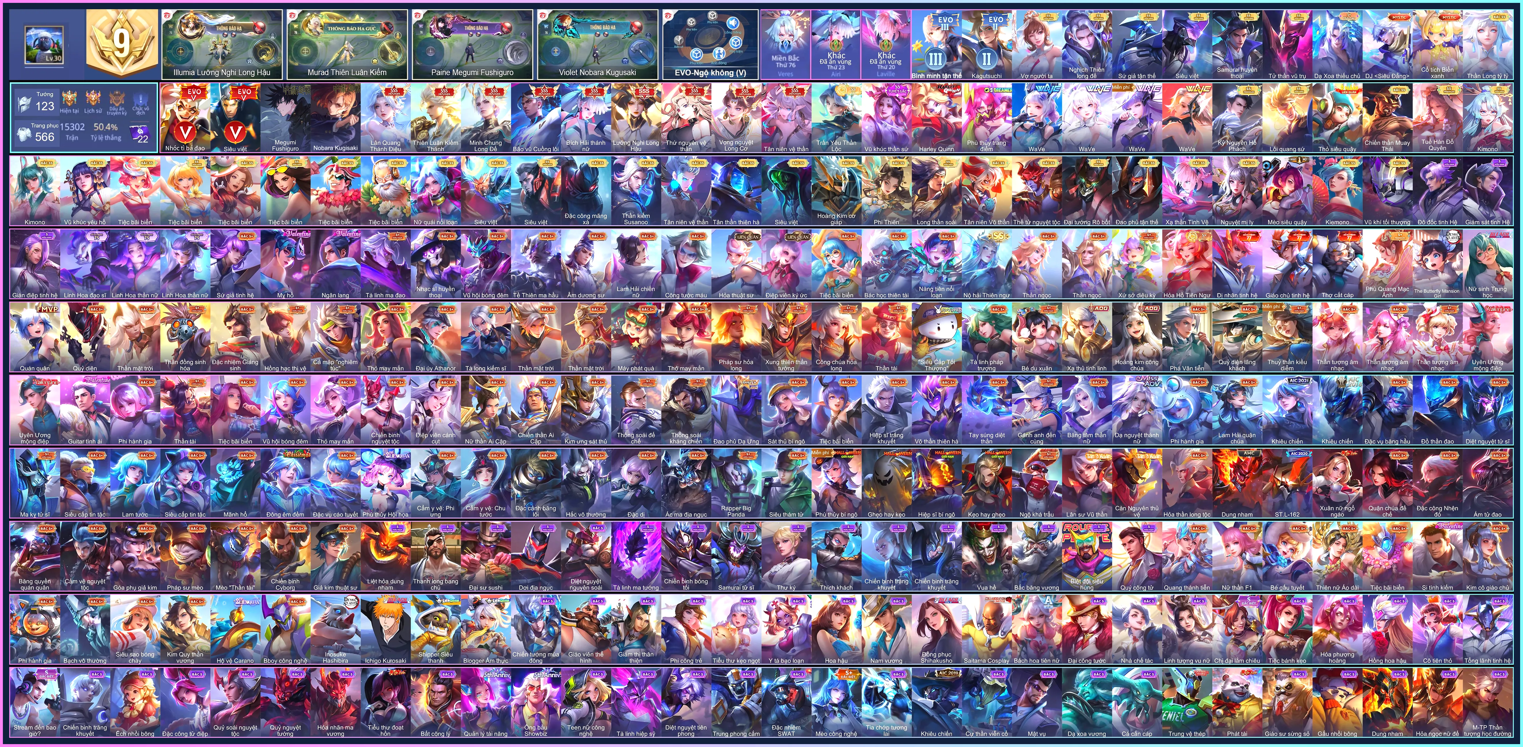 (VIP 9) Violet Nobara Kugisaki, Paine Megumi Fushiguro, Triệu Vân Minh Chung Long Đế, Raz Bão vũ Cuồng lôi, Ilumia Lưỡng Nghi Long Hậu, TelAnnas Tân niên vệ thần, Tel Annas Lân Quang Thánh Điệu, Lauriel Thứ nguyên vệ thần, Violet Vọng nguyệt Long Cơ, Murad Thiên Luân Kiếm Thánh, Airi Bích hải thánh nữ... CHỈ CÀI SDT
