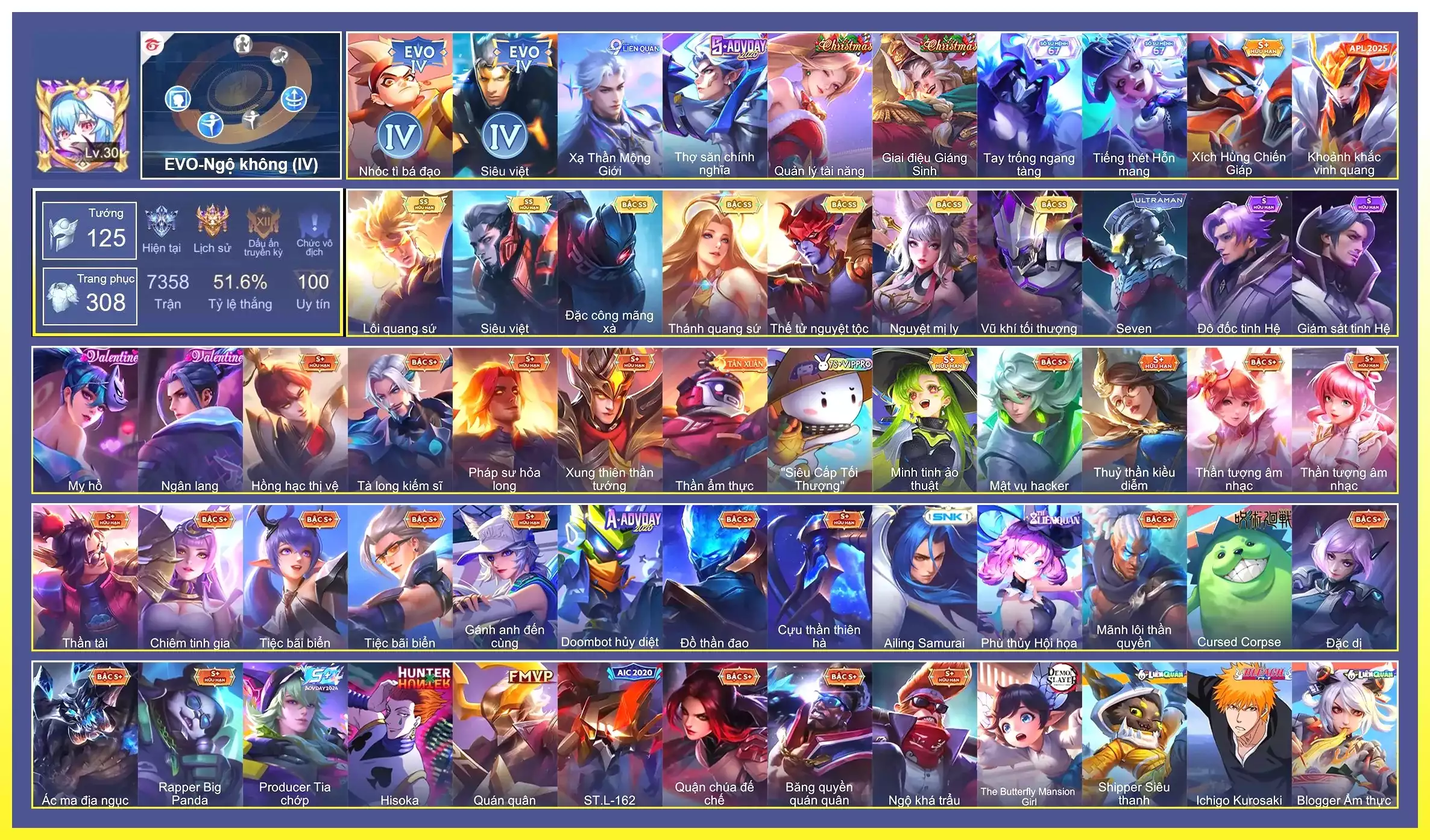 Valhein Vũ khí tối thượng, Yorn Thế Tử Nguyệt Tộc, Nakroth Lôi Quang Sứ, Murad Siêu việt, Liliana Nguyệt mị ly, Lauriel Thánh quang sứ, Quillen Đặc công mãng xà…