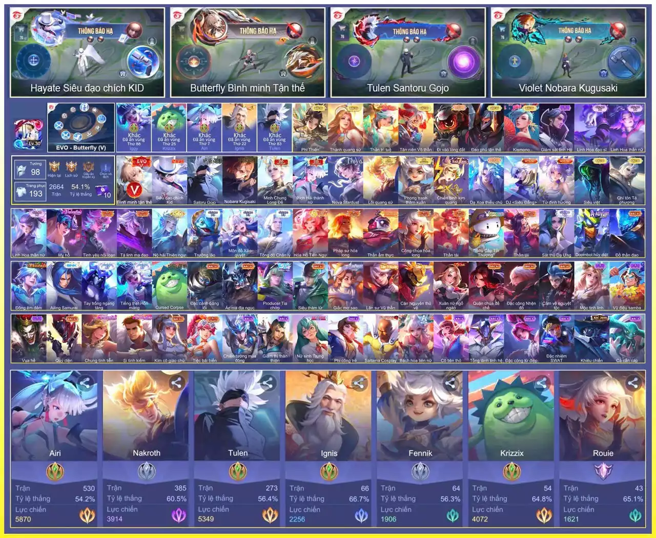 Butter Evo 5, Hayate kid, Tulen gojo, Vio nobara, Triệu vân long đế, Airi bích hải…
