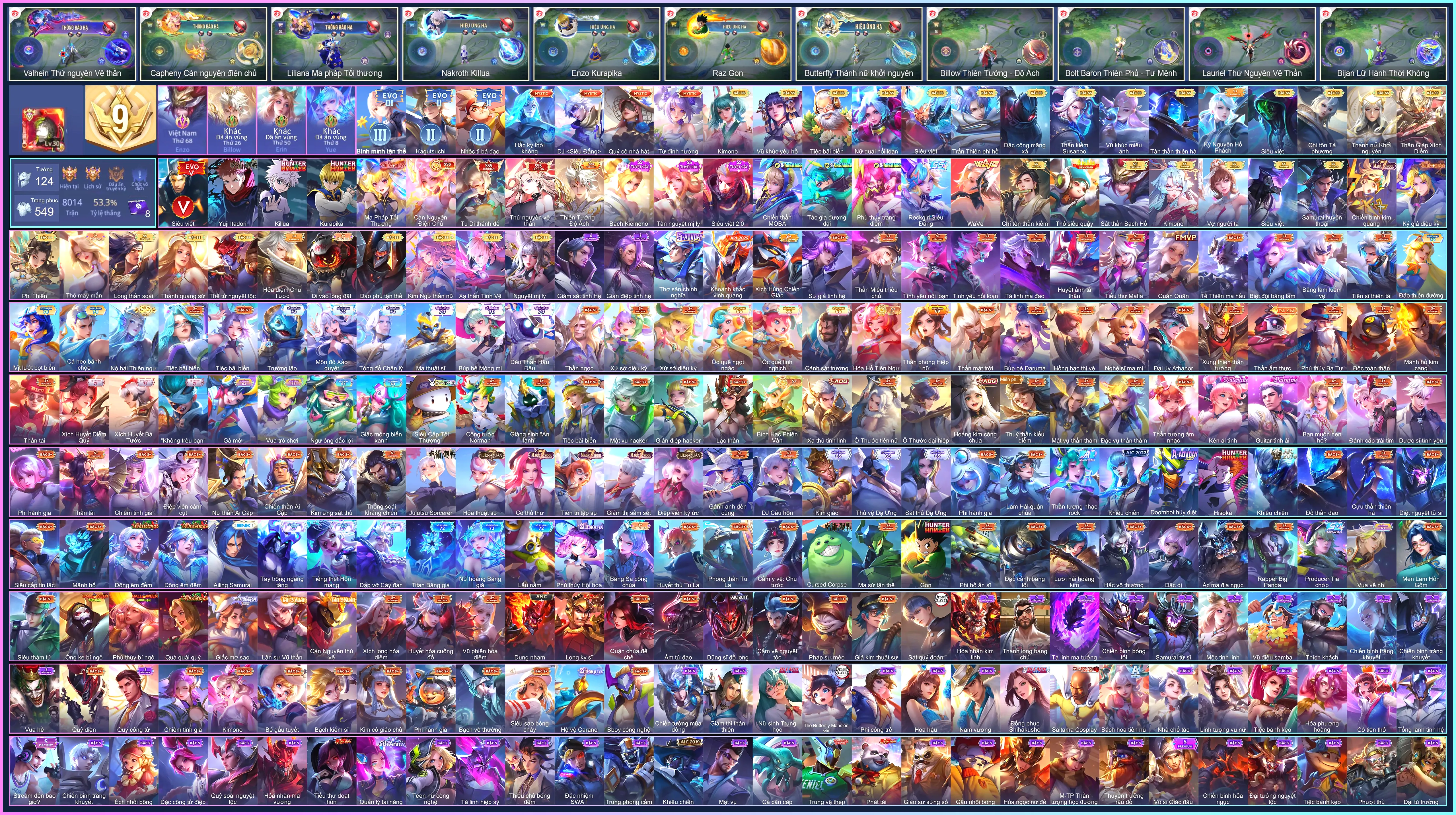 Nakroth Killua, Zata Tác gia đương đại, Enzo Kurapika, Biron Yuji Itadori, Hayate Tu Di Thánh Đế, Liliana Ma Pháp Tối Thượng, Capheny Càn Nguyên Điện Chủ, Lauriel Thứ nguyên vệ thần...